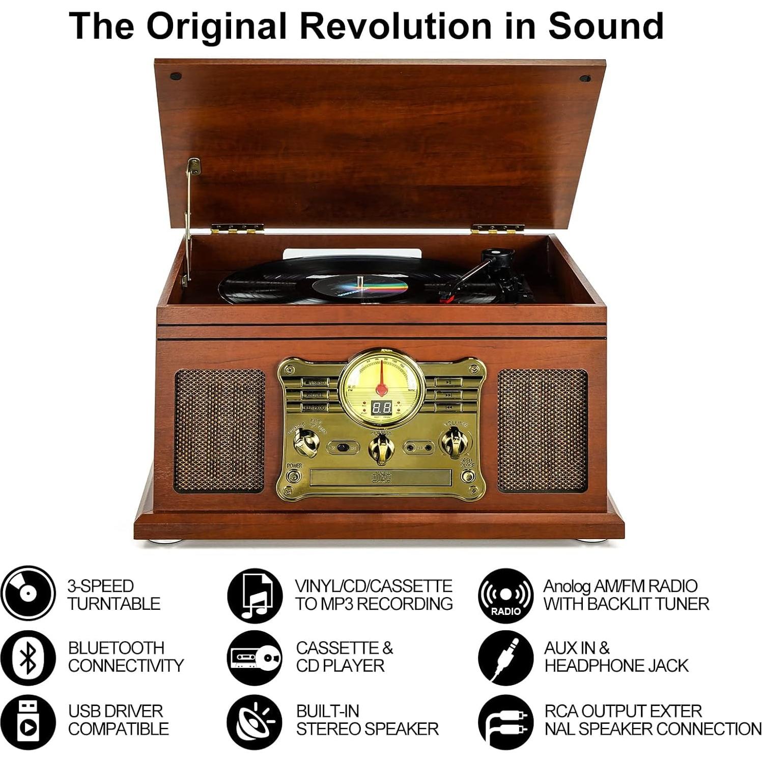 Reproductor de Vinilo Bluetooth FEKTIK M506 10 en 1 Caoba