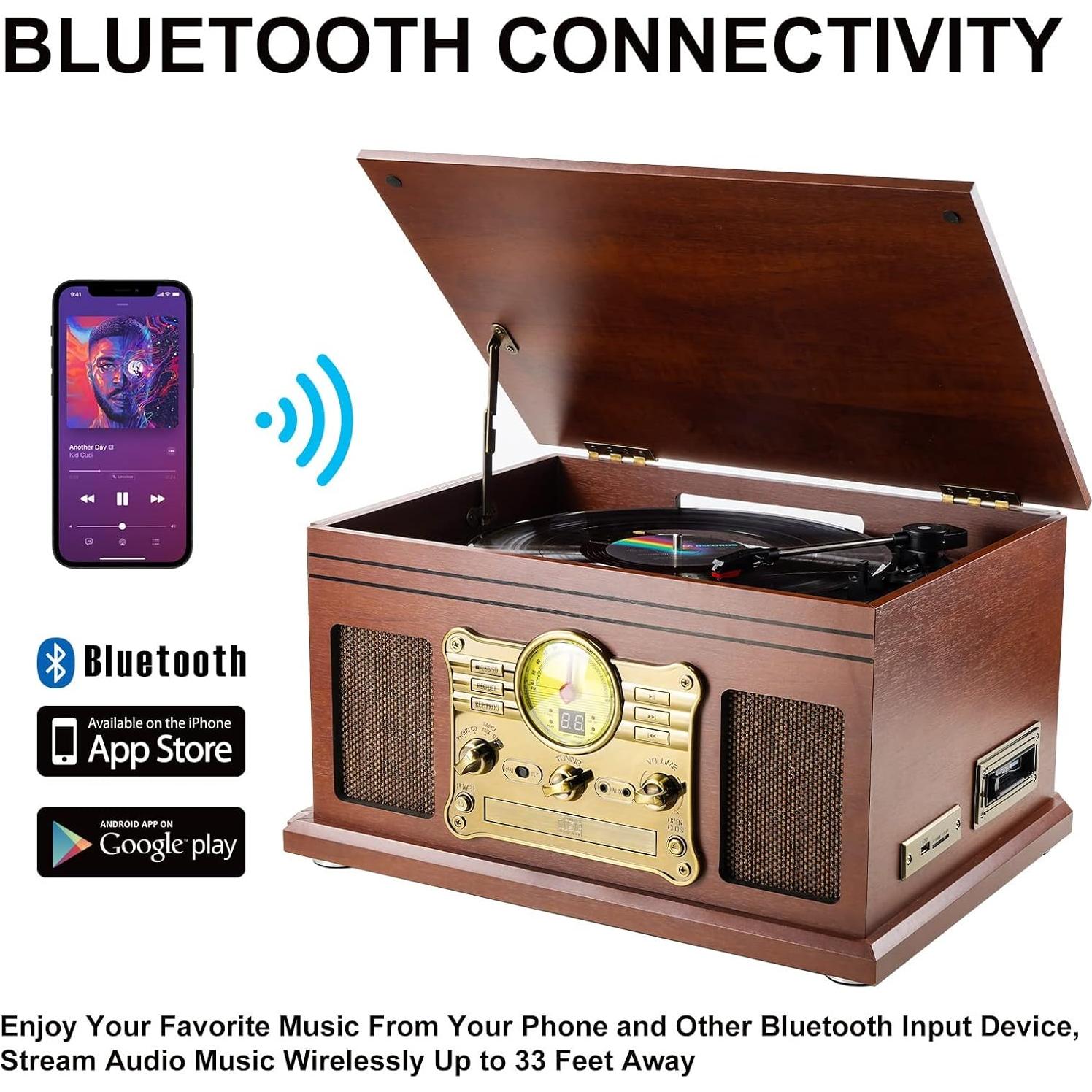 Reproductor de Vinilo Bluetooth FEKTIK M506 10 en 1 Caoba