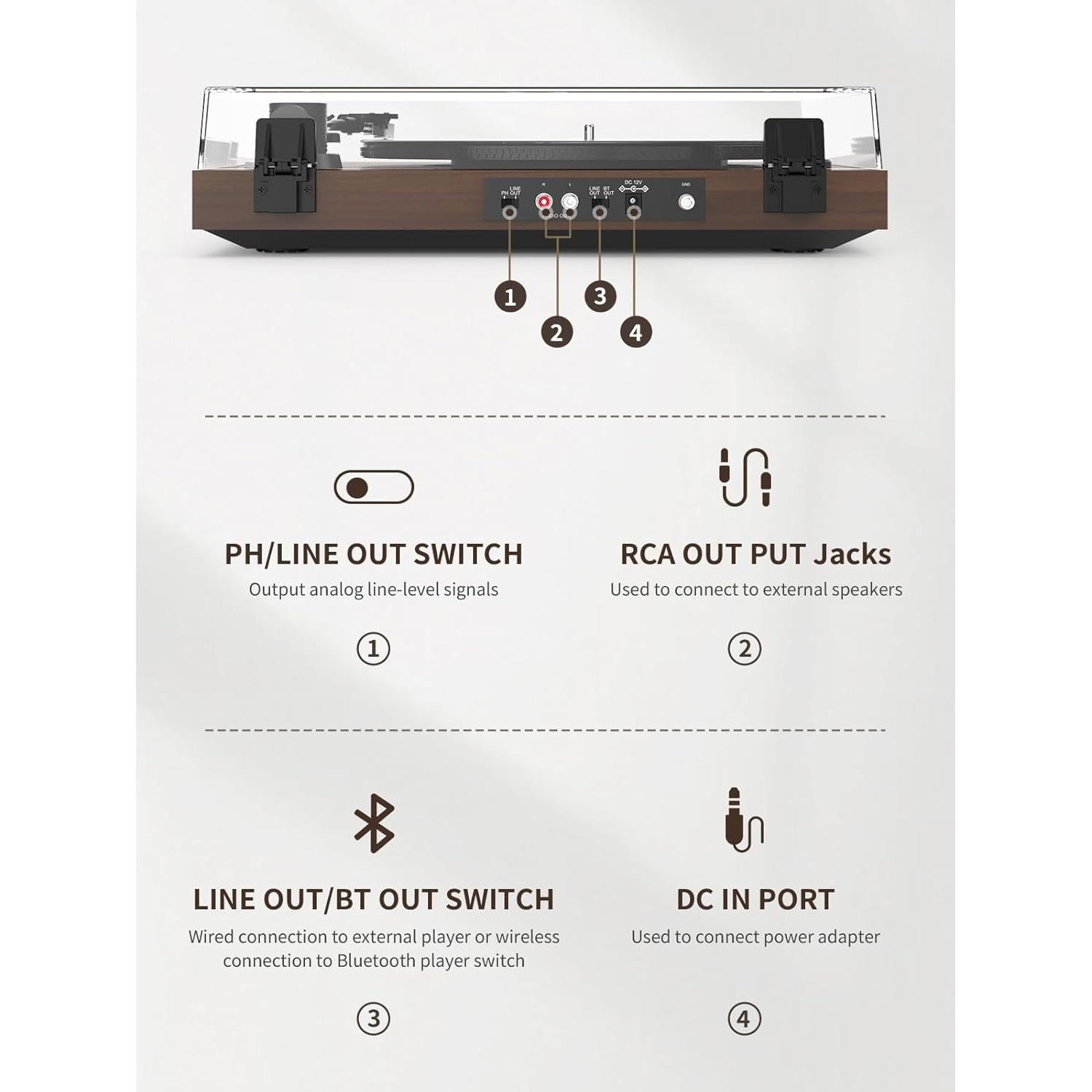 Tocadiscos Bluetooth RetroAudio 2 Velocidades RCA 33/45 RPM