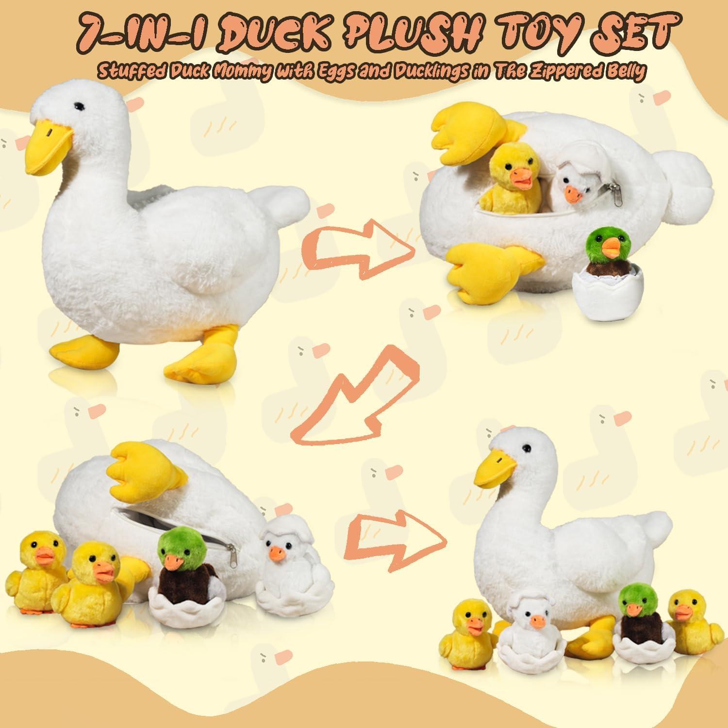 Peluche 7 en 1 Pato Blanco con Patitos y Huevos