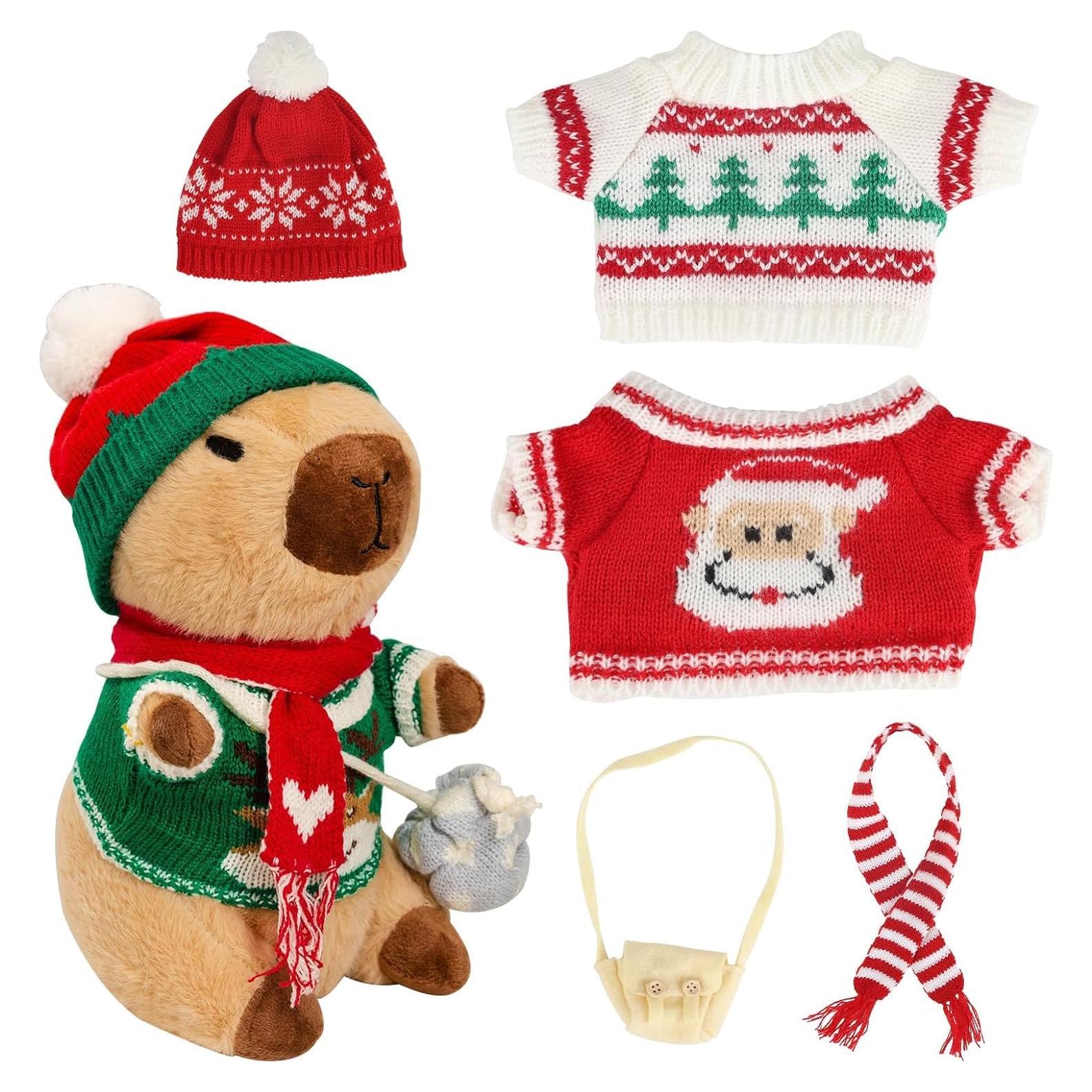 Capybara Plush with 10 Pcs Capybara Costume Christmas Set, Capybara Stuffed Animal,Capybara Plush Toy, Capybara Birthday Decorations