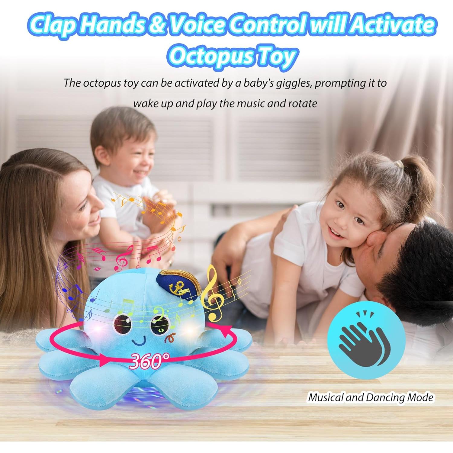 Musical Octopus Baby Toy - Crawling & Rotating Octopus Toy with Recording, Light-Up Voice Control, Clap Hands Awake for 2-6 Year Old Boys and Girls, Tummy Time Sensory Toy