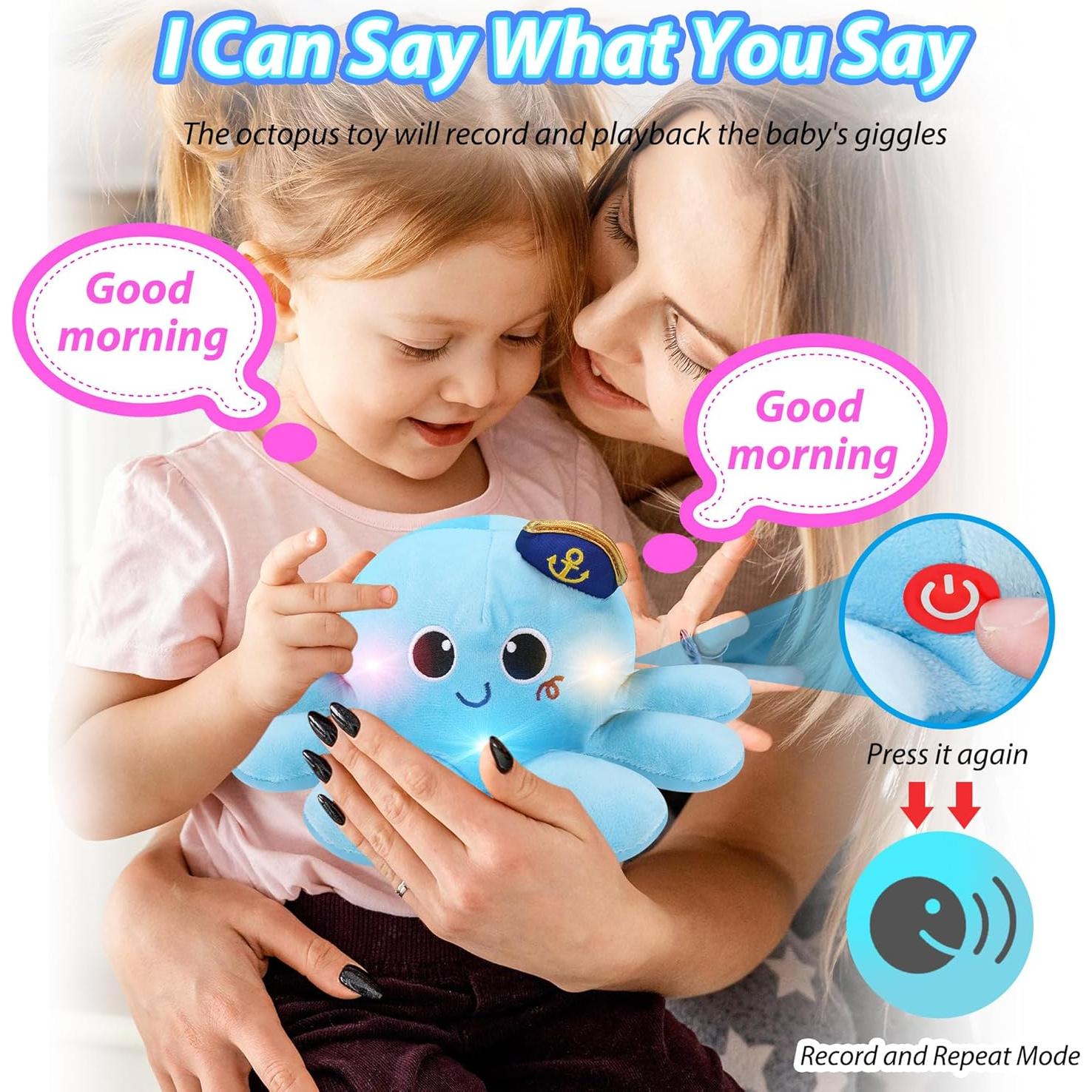 Musical Octopus Baby Toy - Crawling & Rotating Octopus Toy with Recording, Light-Up Voice Control, Clap Hands Awake for 2-6 Year Old Boys and Girls, Tummy Time Sensory Toy