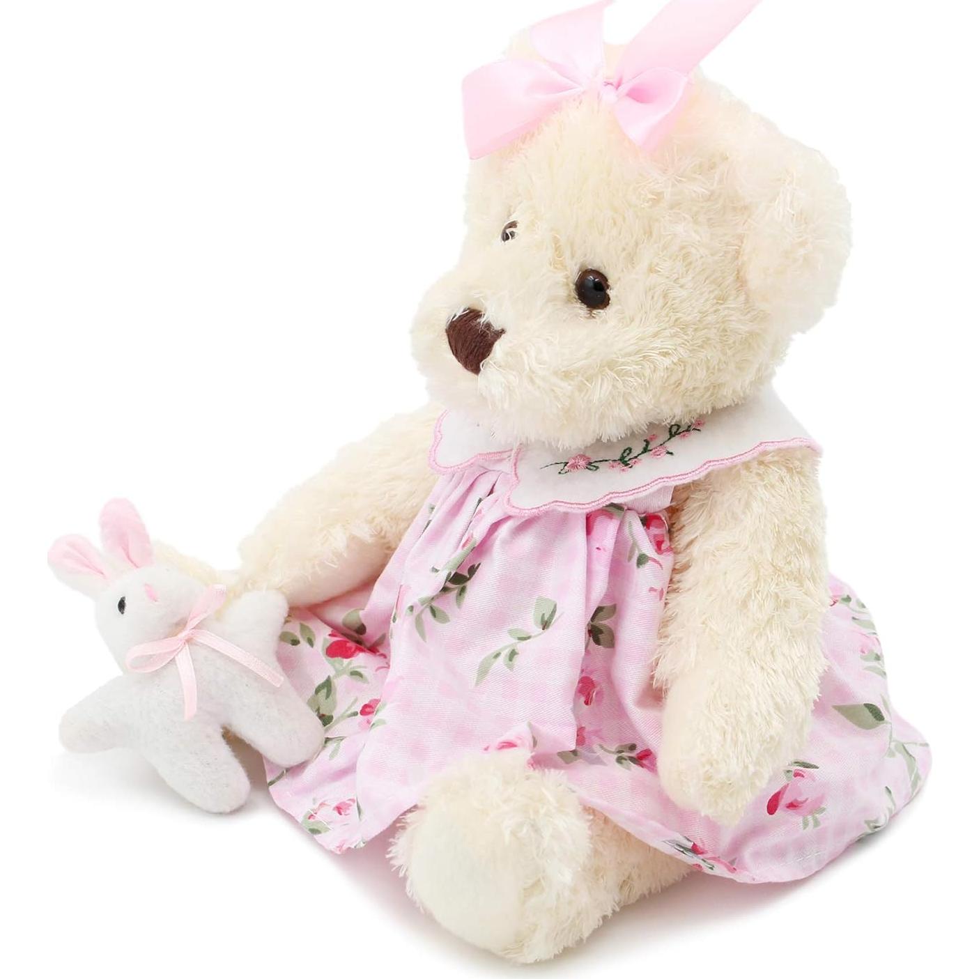 Osito de Peluche Oitscute 25 cm con Vestido Rosa y Conejo