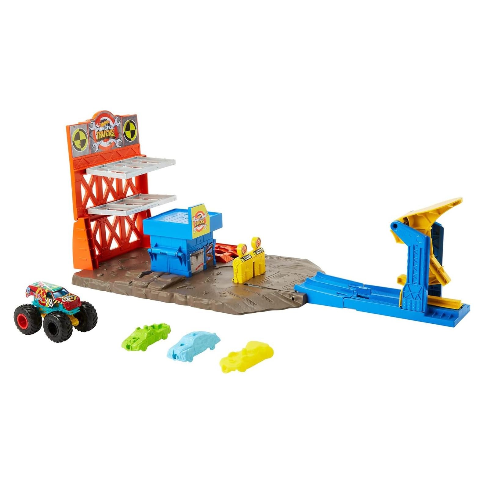 Estación de Explosión Hot Wheels con Camión Demo Derby y 3 Autos