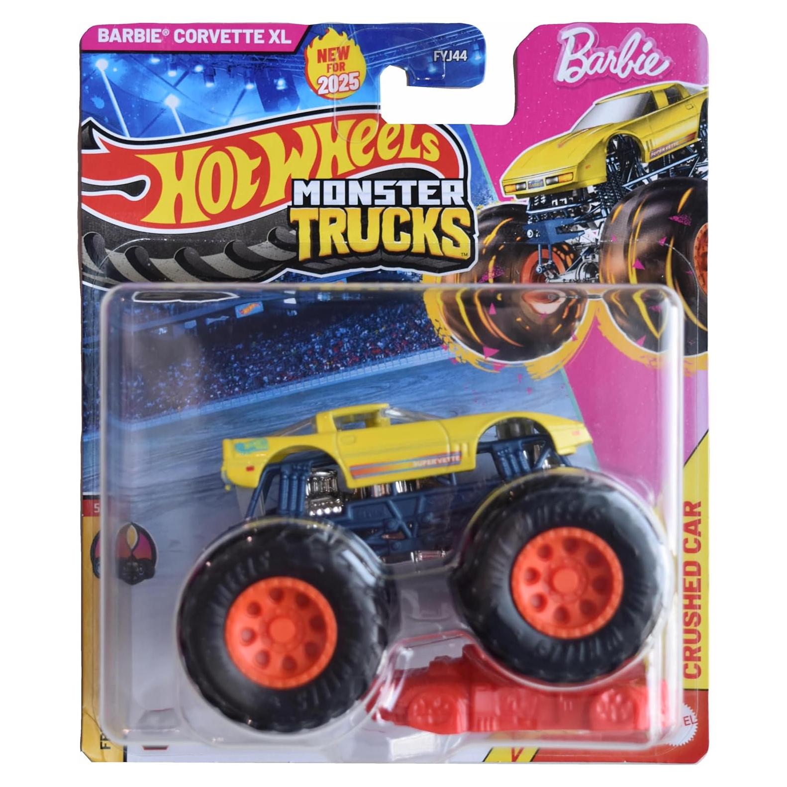 Hot Wheels Monster Trucks Corvette XL 1:64 con coche aplastado