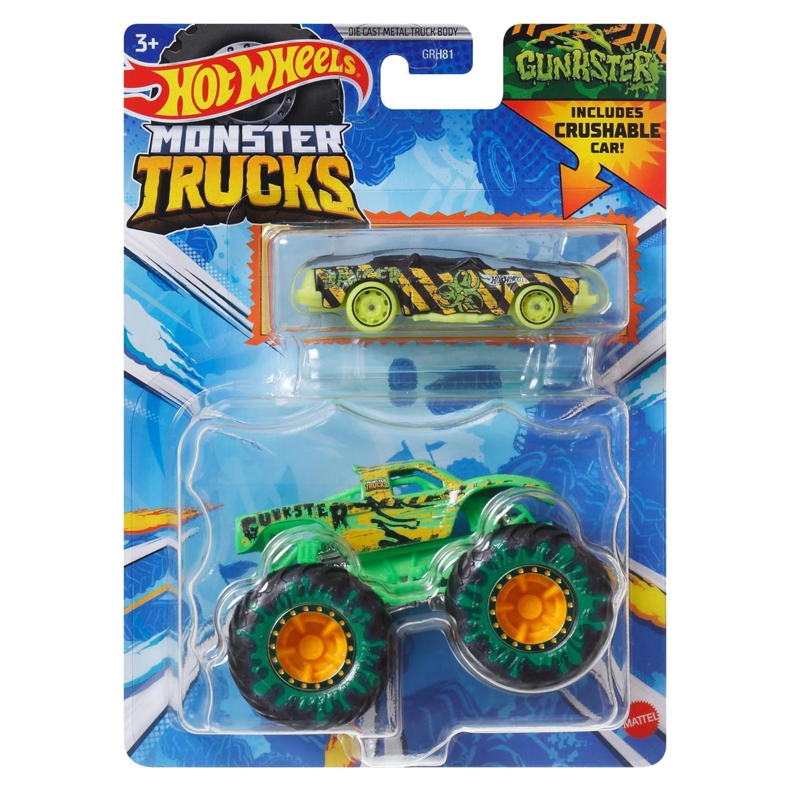 Paquete de 2 Hot Wheels Monster Trucks Gunkster + Auto 1:64