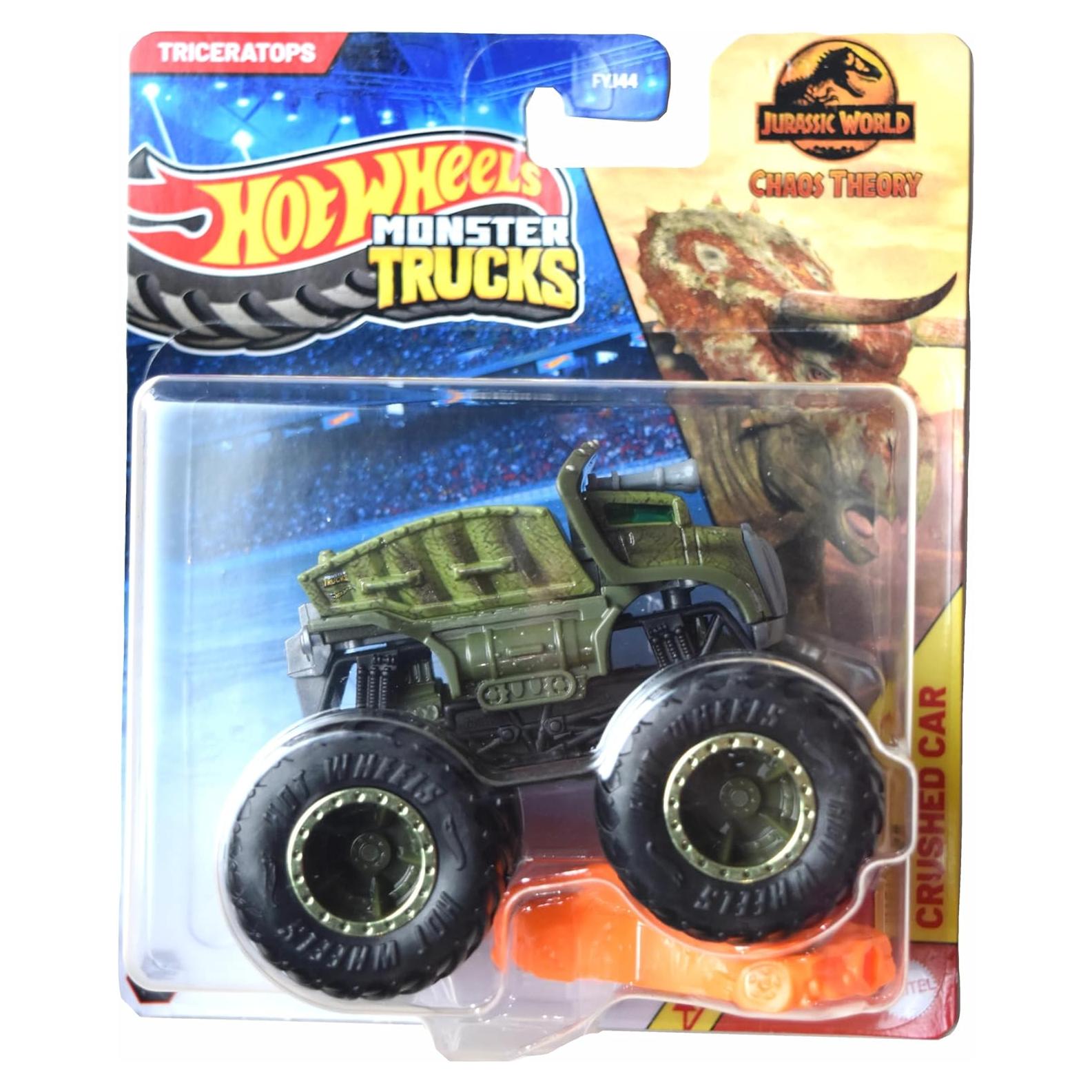 Hot Wheels Monster Trucks Triceratops 1:64 con coche aplastado