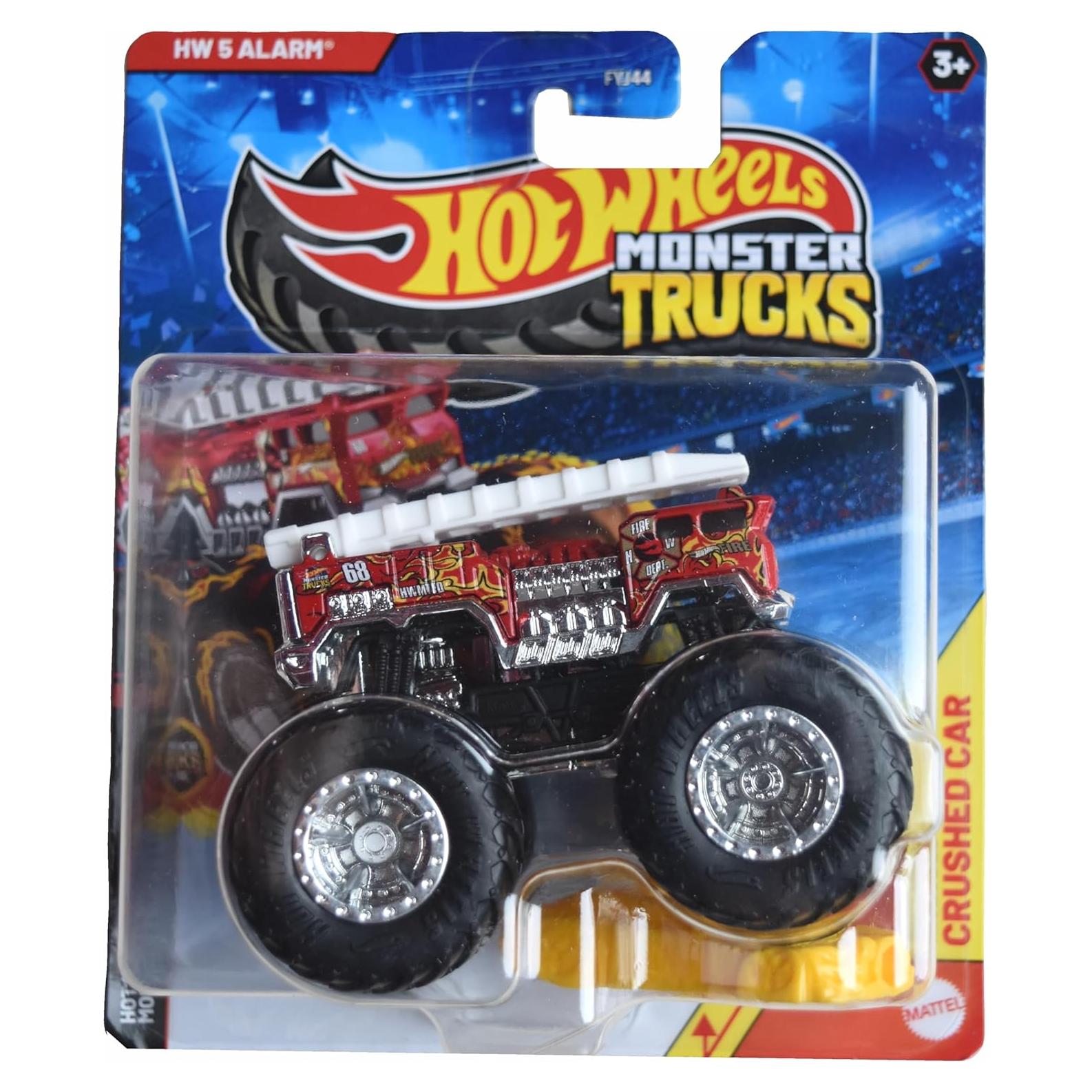 Hot Wheels Monster Trucks 5 Alarm 1:64 con coche aplastado