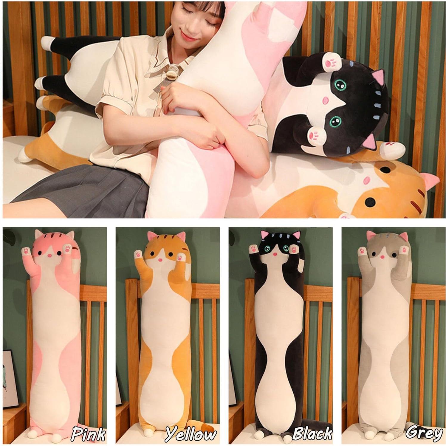 Long Cat Plush Pillow Soft Cat Hugging Pillow Stuffed Animal Pillow Cute Kitty Sleeping Throw Pillow Gift for Kids(50cm/19.68inch,Black