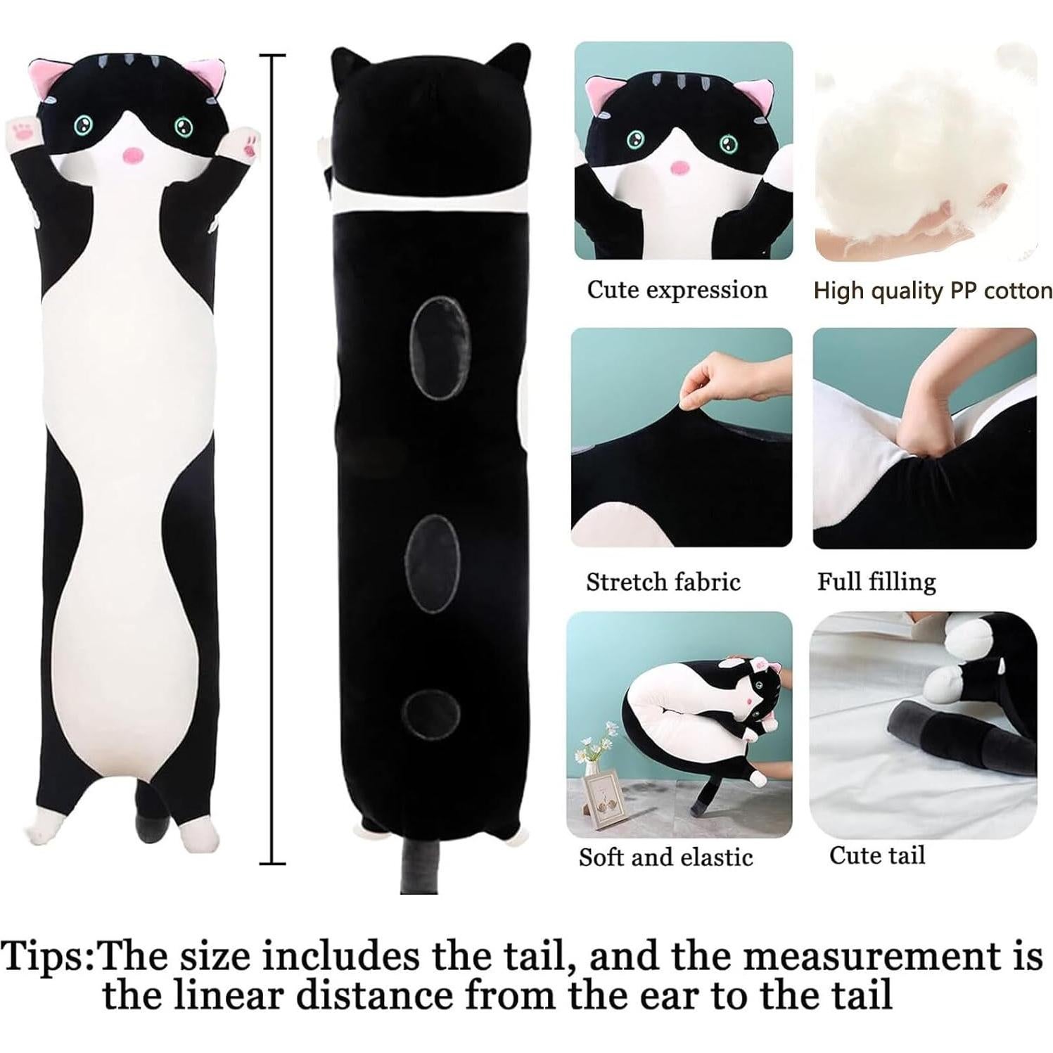 Long Cat Plush Pillow Soft Cat Hugging Pillow Stuffed Animal Pillow Cute Kitty Sleeping Throw Pillow Gift for Kids(50cm/19.68inch,Black