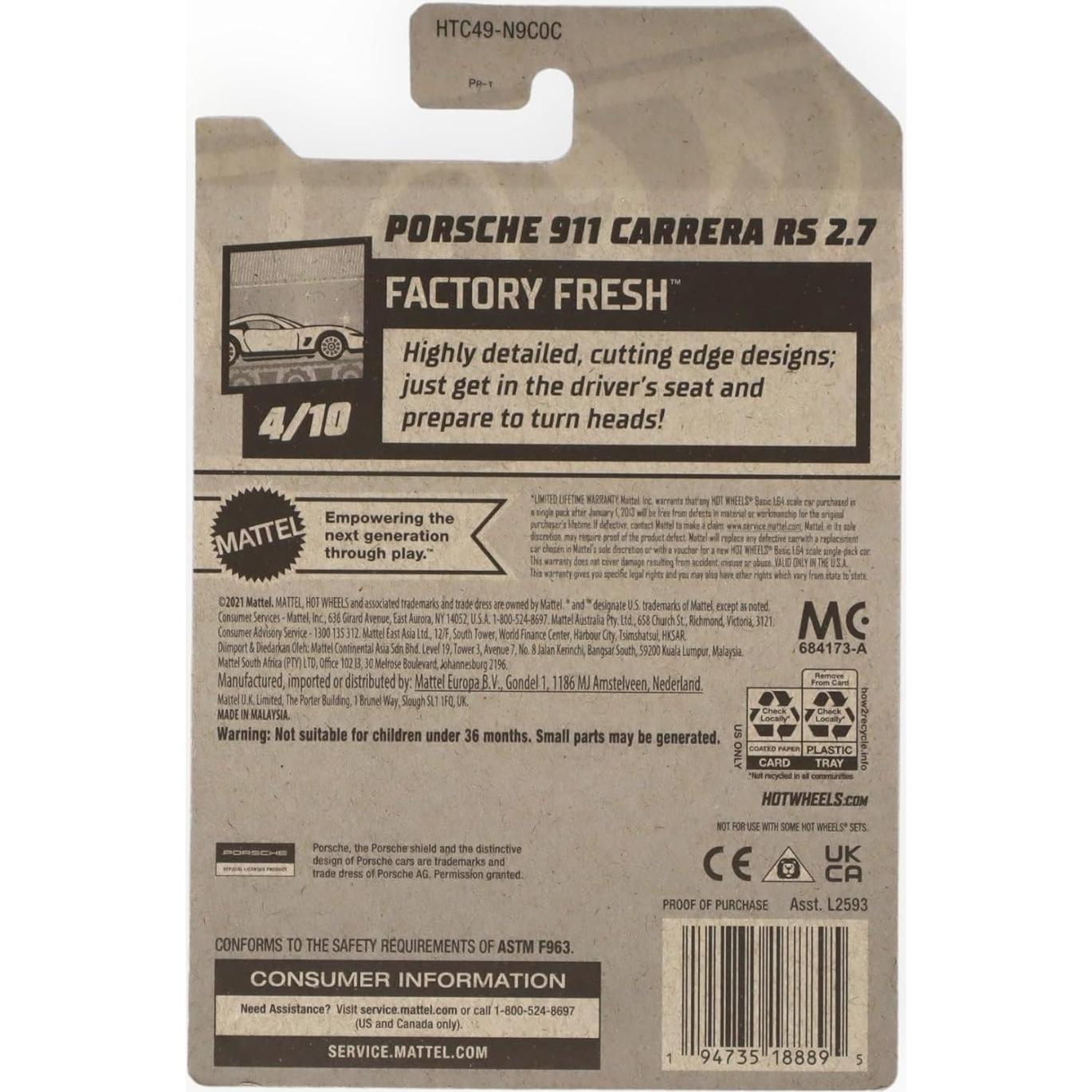 Auto de colección Hot Wheels Porsche 911 Carrera RS 2.7 1:64