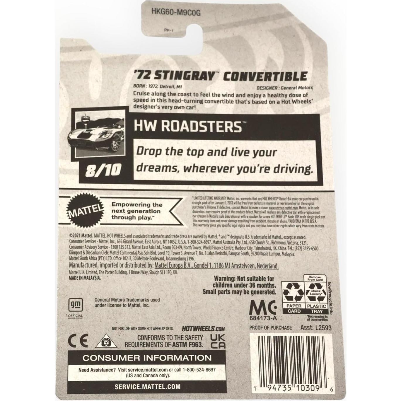 Hot Wheels Coche de Juguete Stingray Convertible Azul 1:64