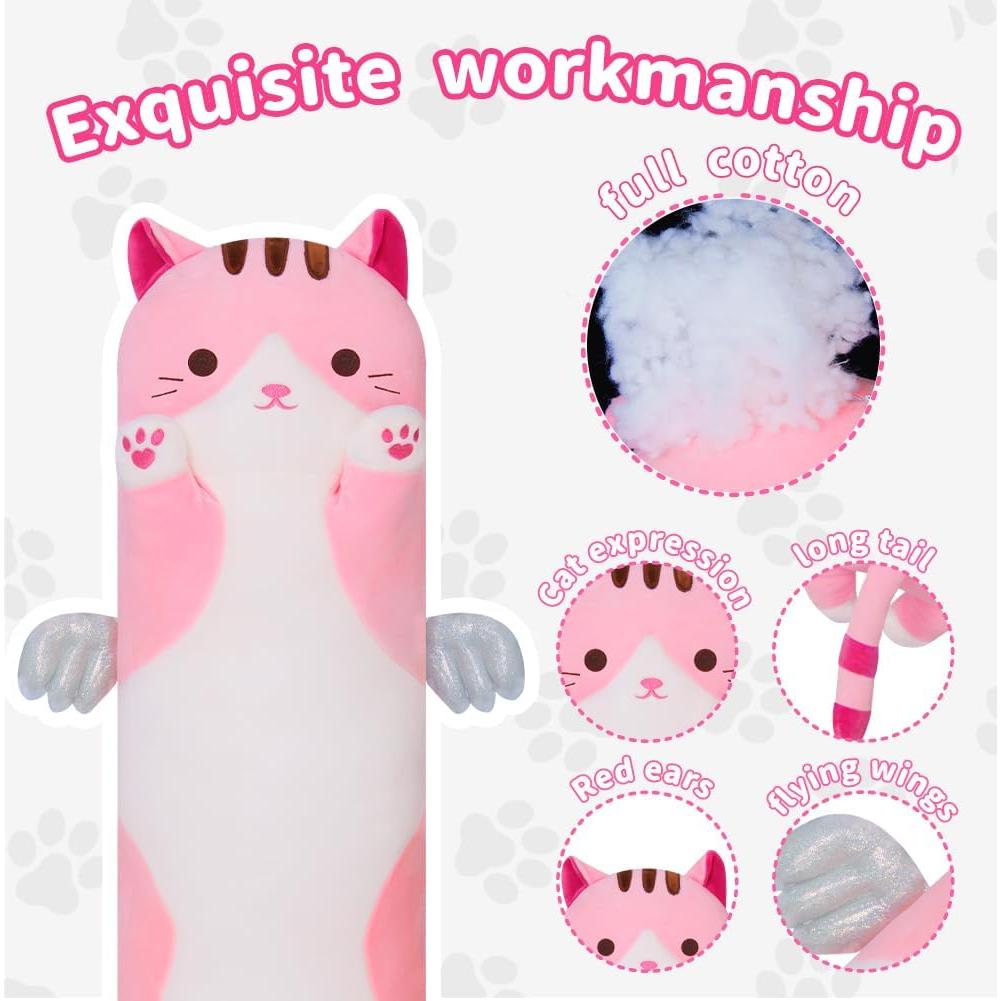 Almohada de Gato de Peluche Rosa 70cm Suave y Abrazable