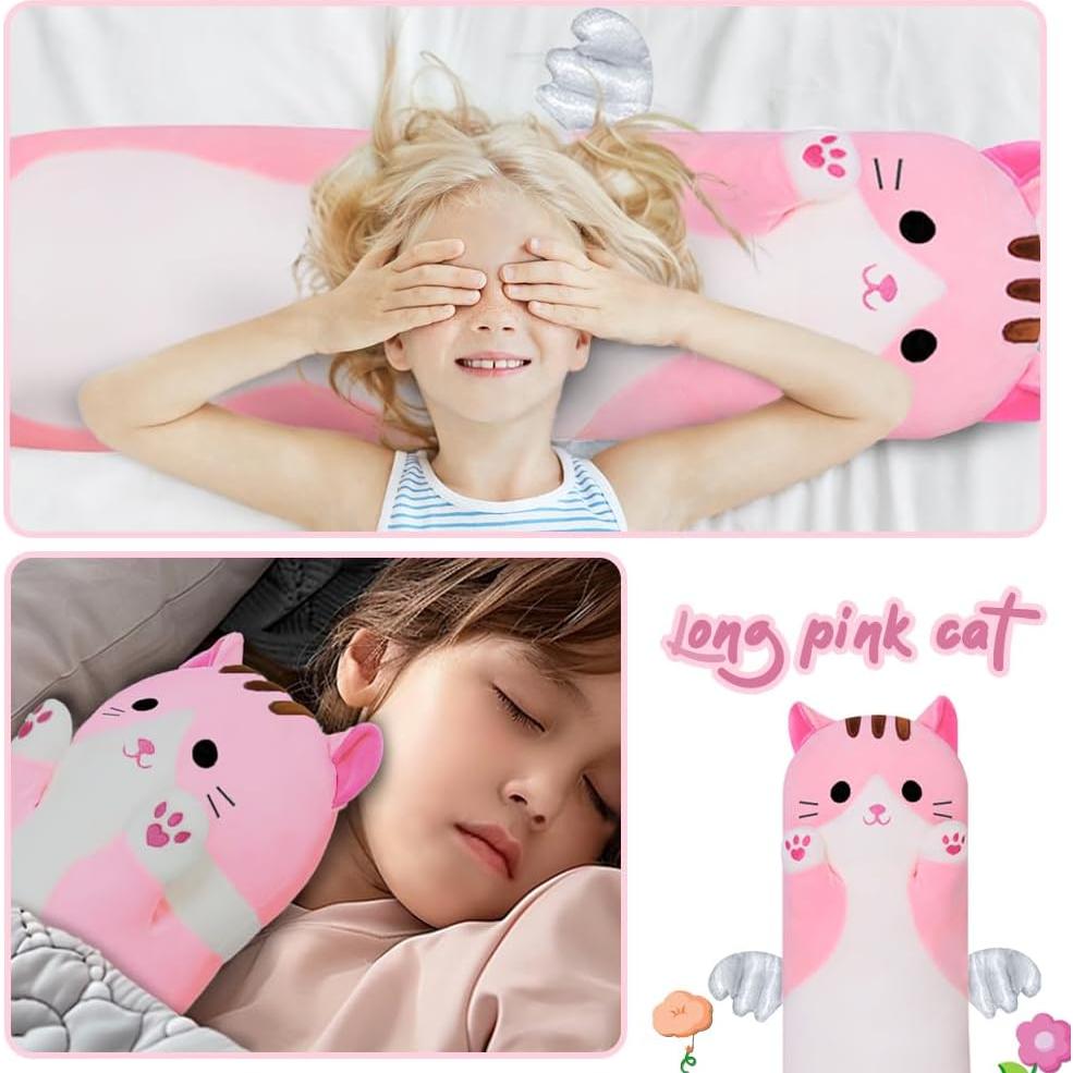 Almohada de Gato de Peluche Rosa 70cm Suave y Abrazable