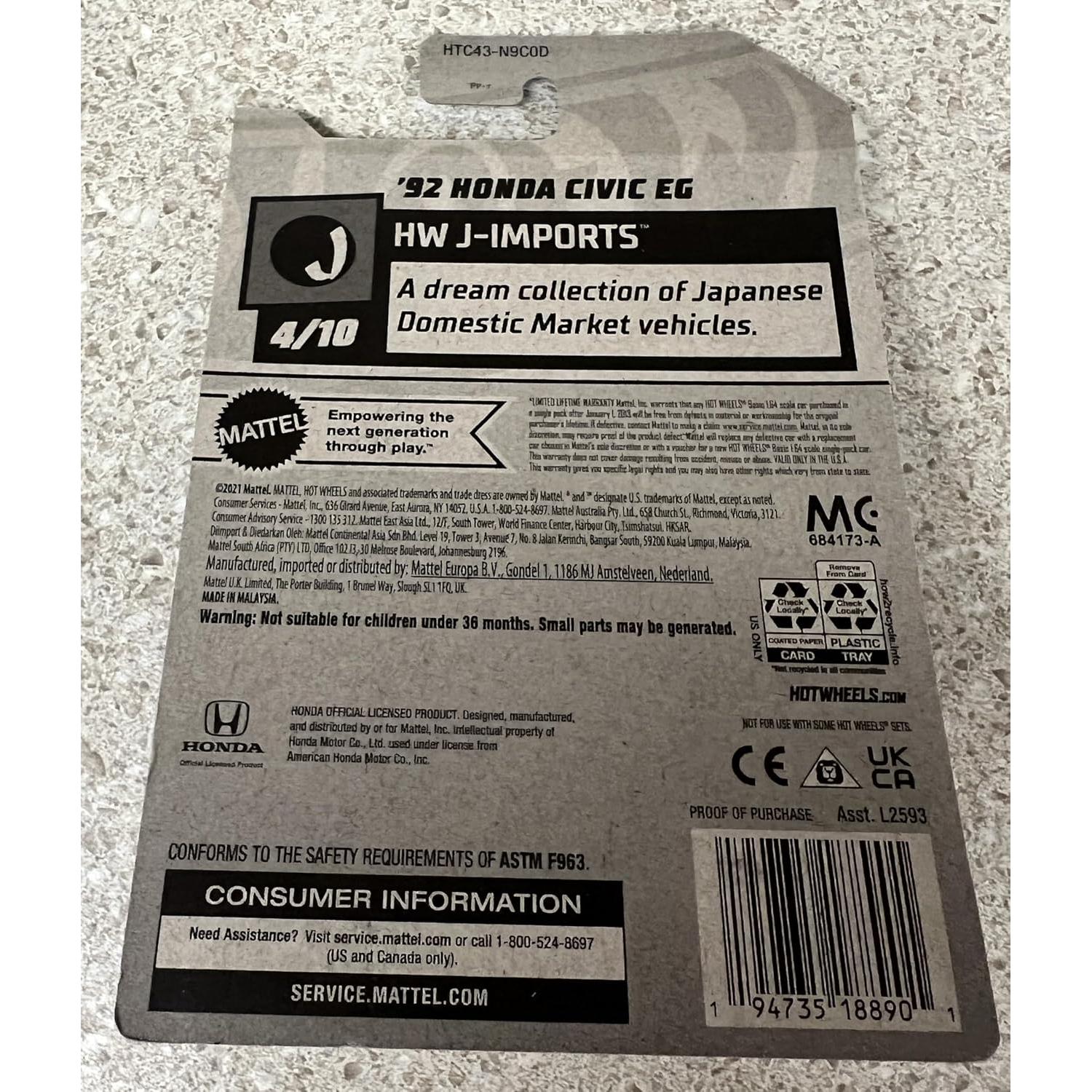 Hot Wheels 92 Honda Civic EG Rojo 1:64 Mattel Nuevo