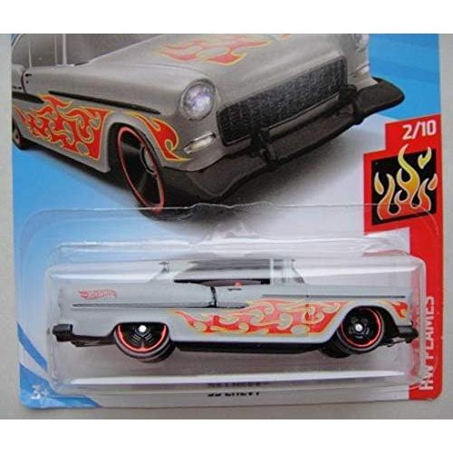 Hot Wheels 55 Chevy Gris Claro con Llamas Rojas 50 Aniversario