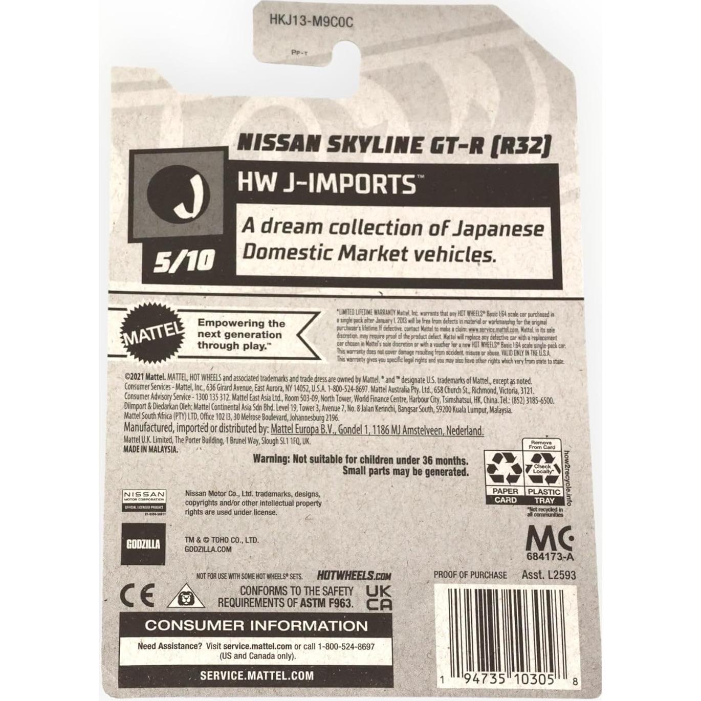 Auto de colección Hot Wheels Godzilla Nissan Skyline GT-R R32 2023