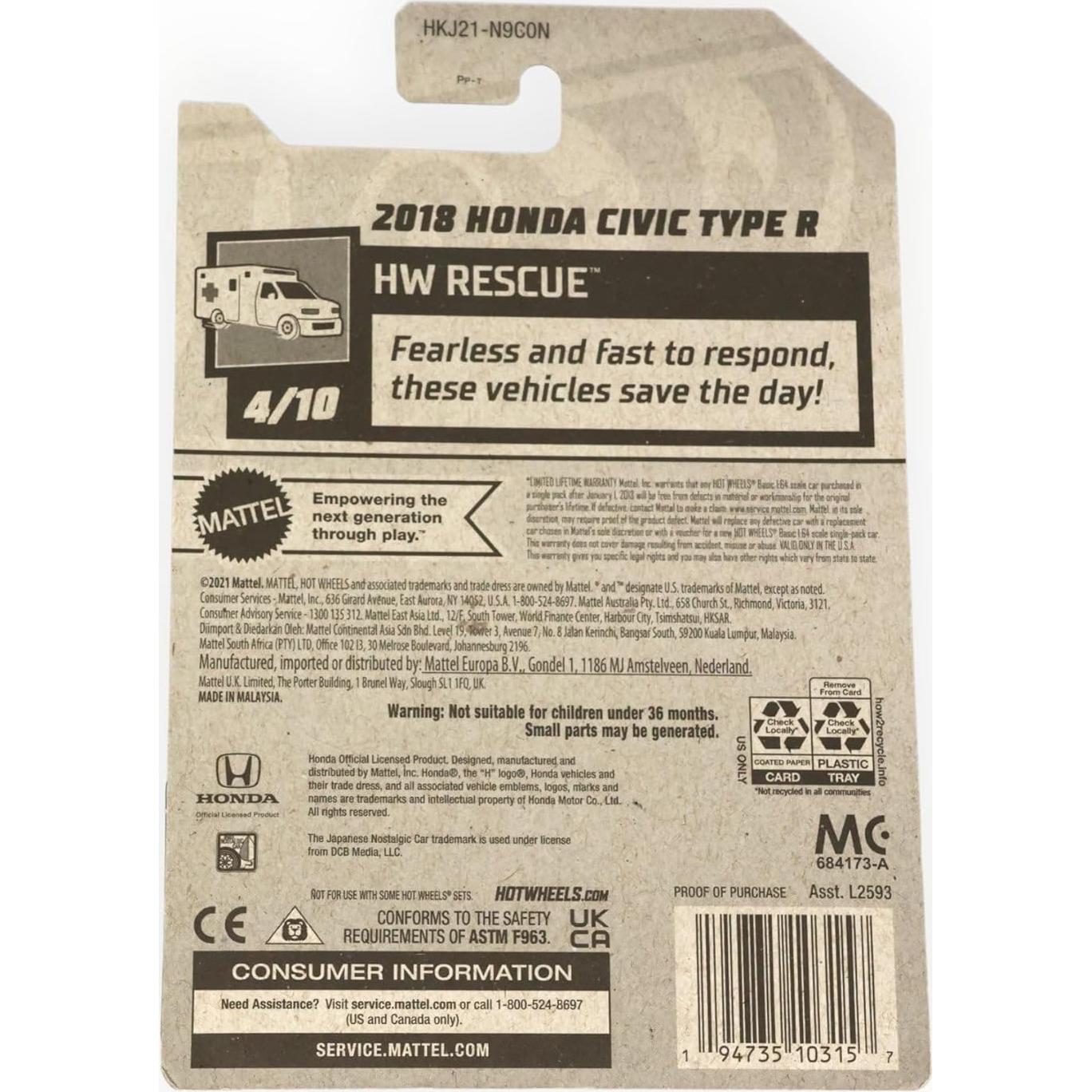 Hot Wheels Honda Civic Type R 2018 Escala 1:64 Blanco