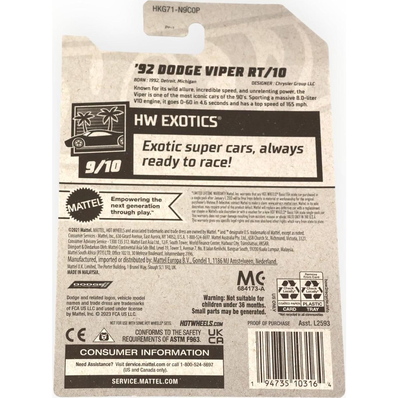 Hot Wheels Dodge Viper RT/10 1:64 Mattel Escala 40.8g