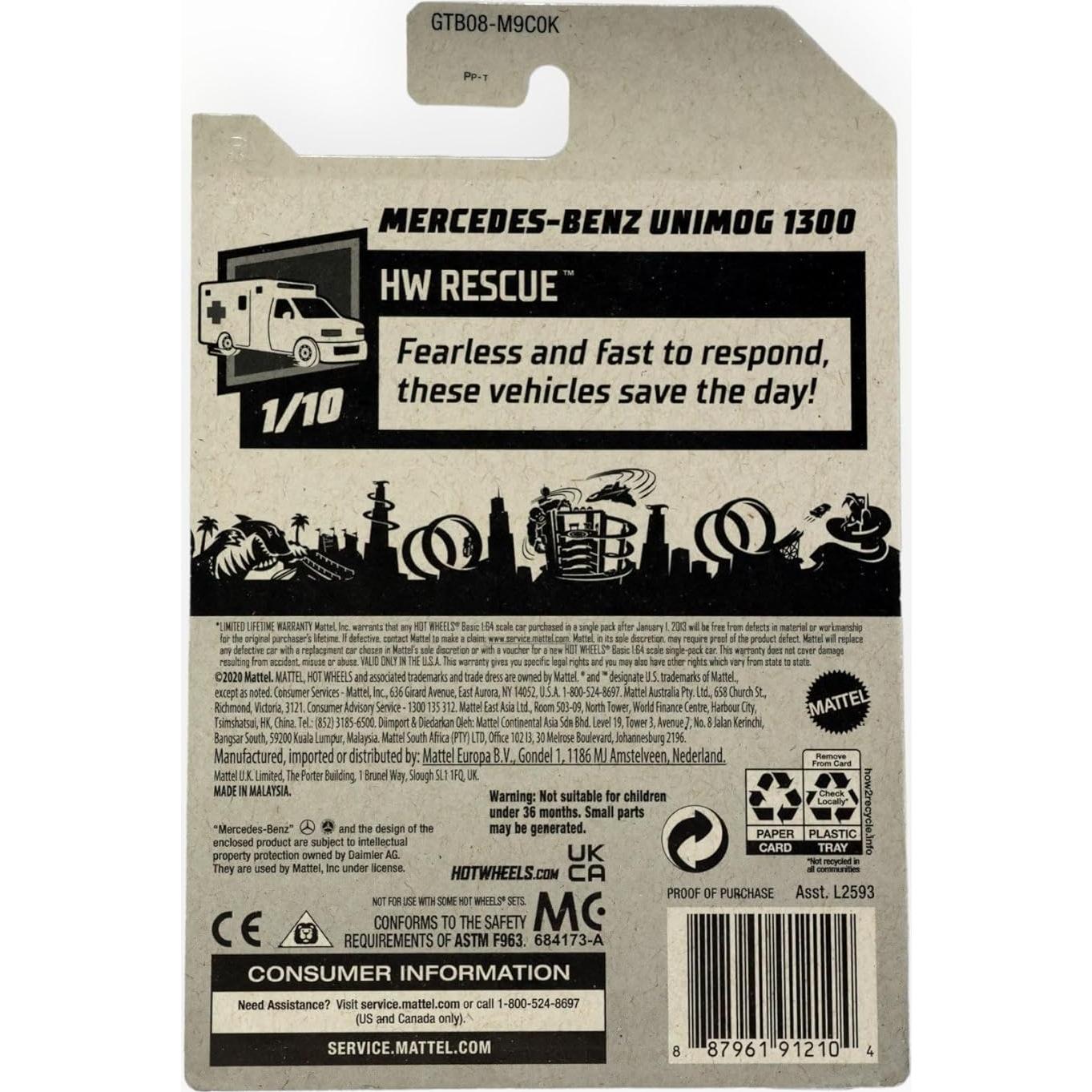 Hot Wheels, Mercedes-Benz Unimog 1300 Red, HW Rescue 1/10, 188/250