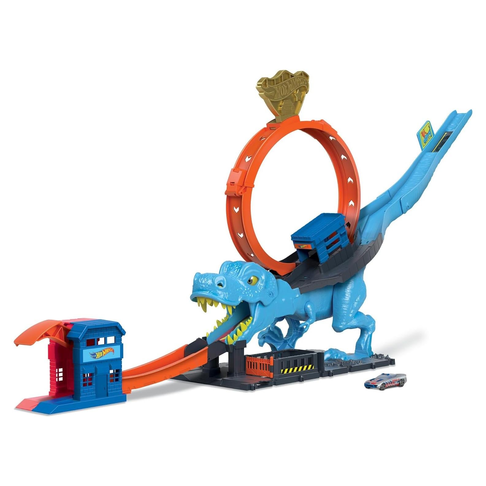 City Track Set with 1 Toy Car, Race Through a Giant Loop to Defeat a Big Dinosaur, T-Rex Loop Stunt and Race Playset