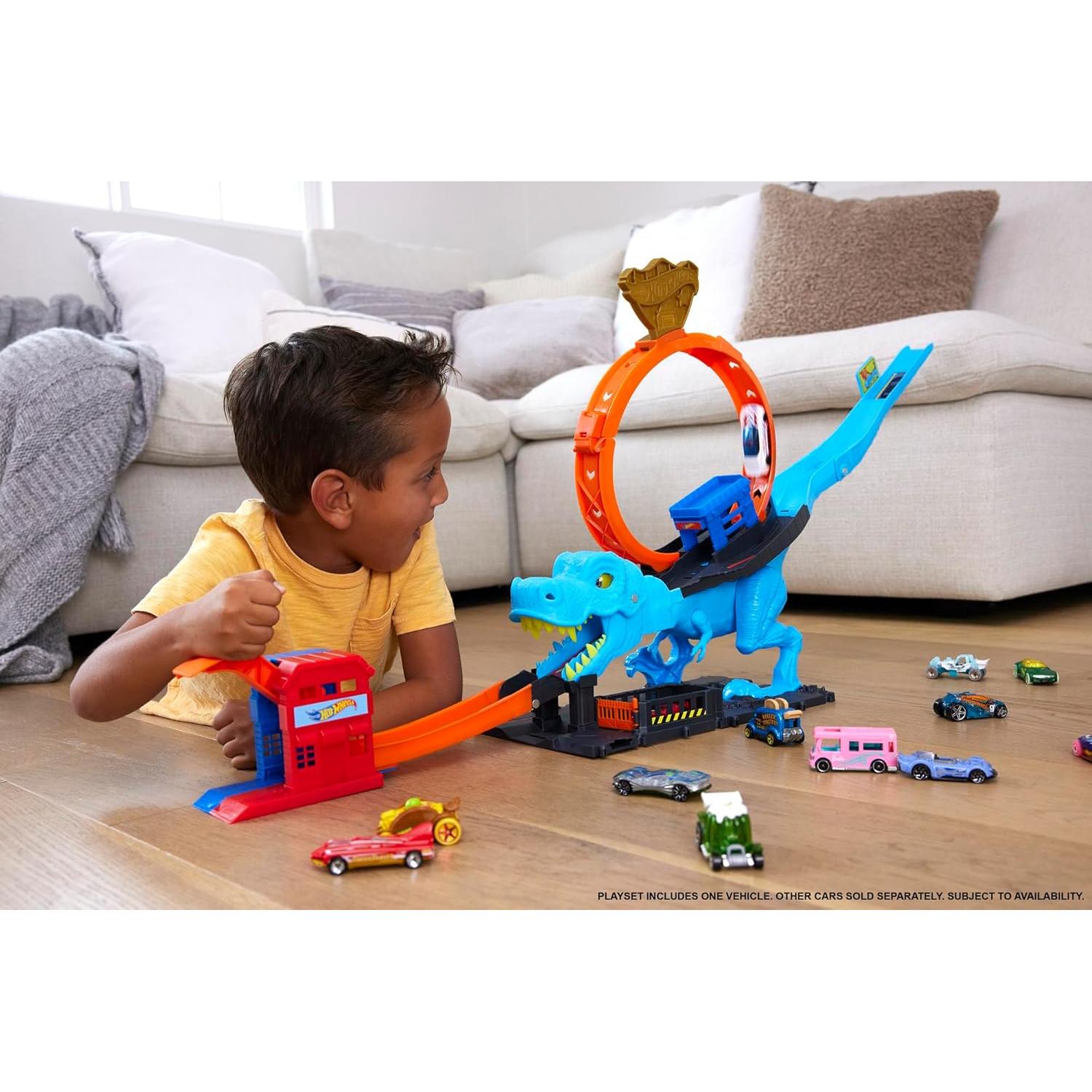 City Track Set with 1 Toy Car, Race Through a Giant Loop to Defeat a Big Dinosaur, T-Rex Loop Stunt and Race Playset