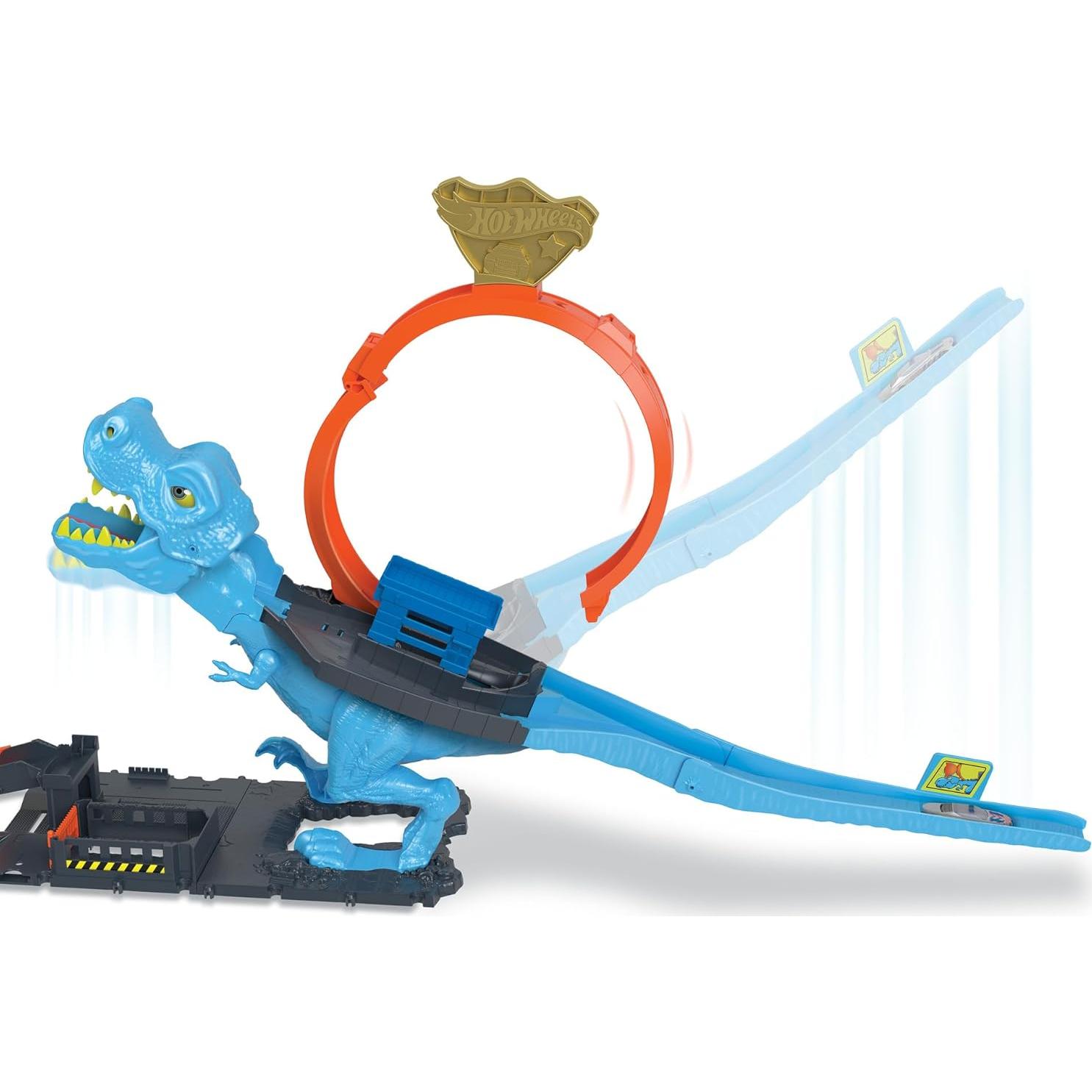 City Track Set with 1 Toy Car, Race Through a Giant Loop to Defeat a Big Dinosaur, T-Rex Loop Stunt and Race Playset