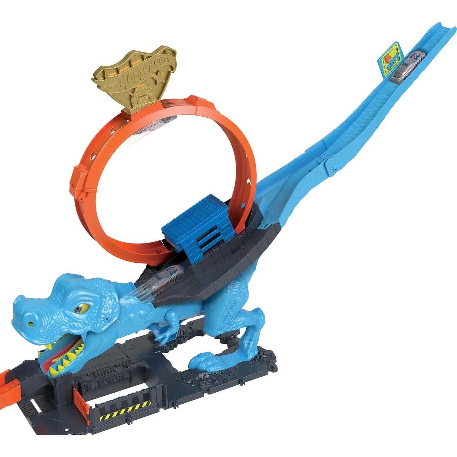 City Track Set with 1 Toy Car, Race Through a Giant Loop to Defeat a Big Dinosaur, T-Rex Loop Stunt and Race Playset