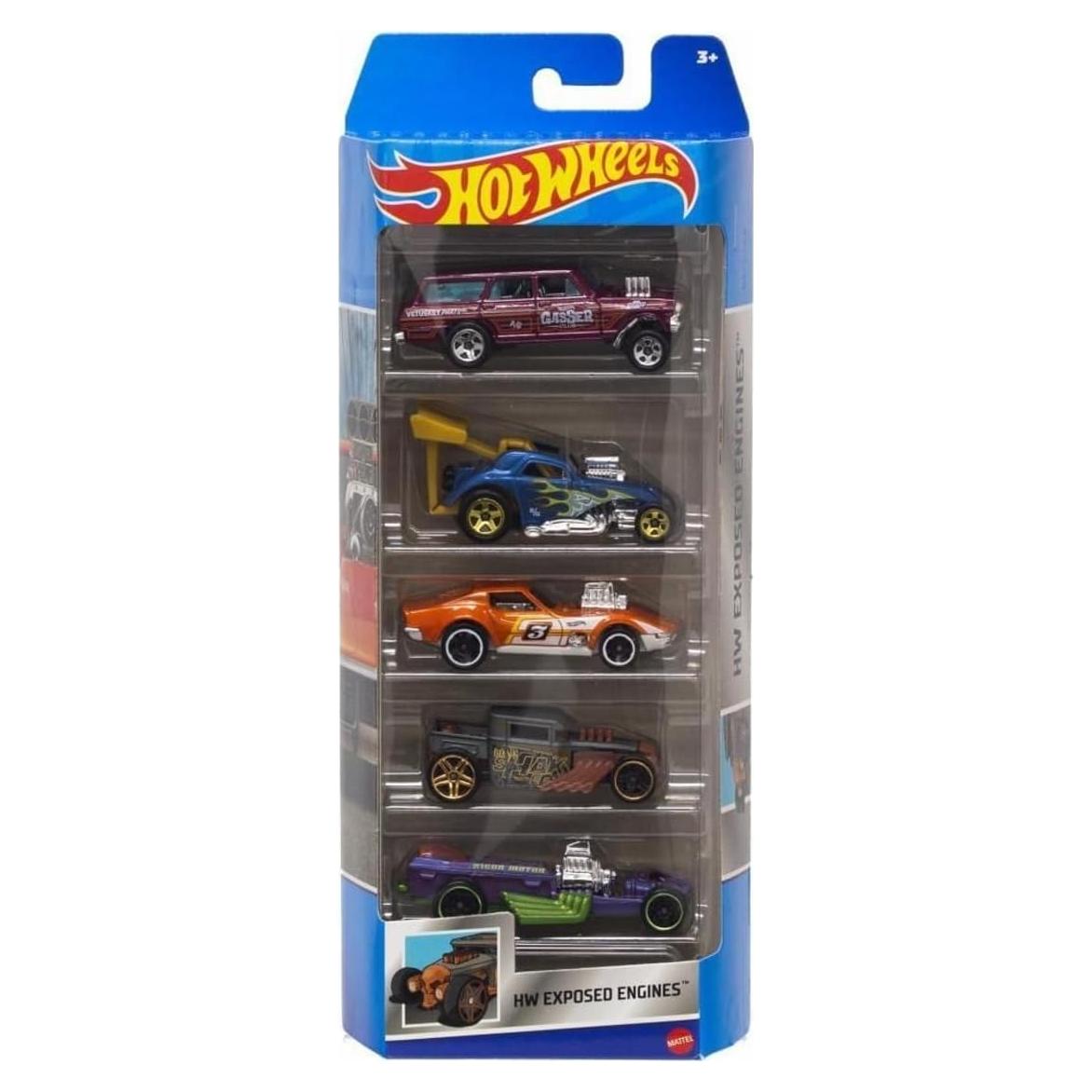 Conjunto de 5 Autos Hot Wheels Motores Expuestos 27x11 cm