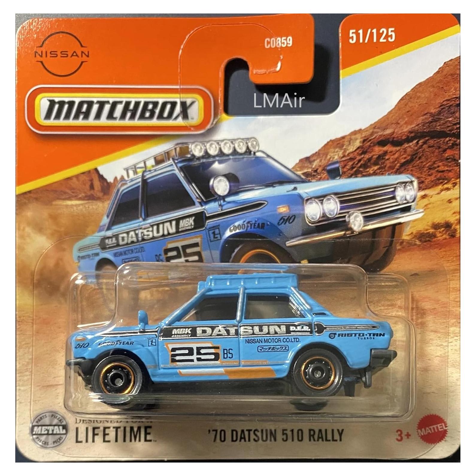 Auto a Escala Matchbox Datsun 510 Rally 2025 Azul Claro