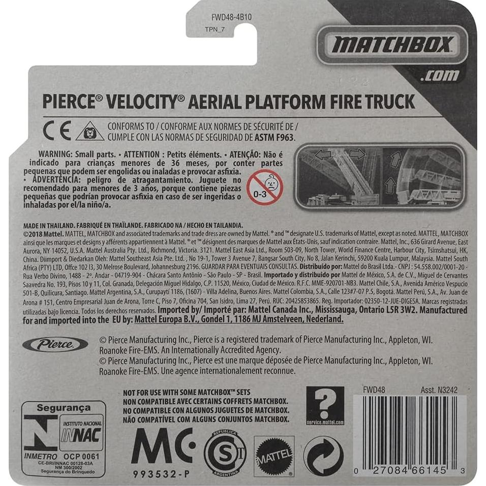 Camión de Bomberos Plataforma Aérea Matchbox Pierce Velocity