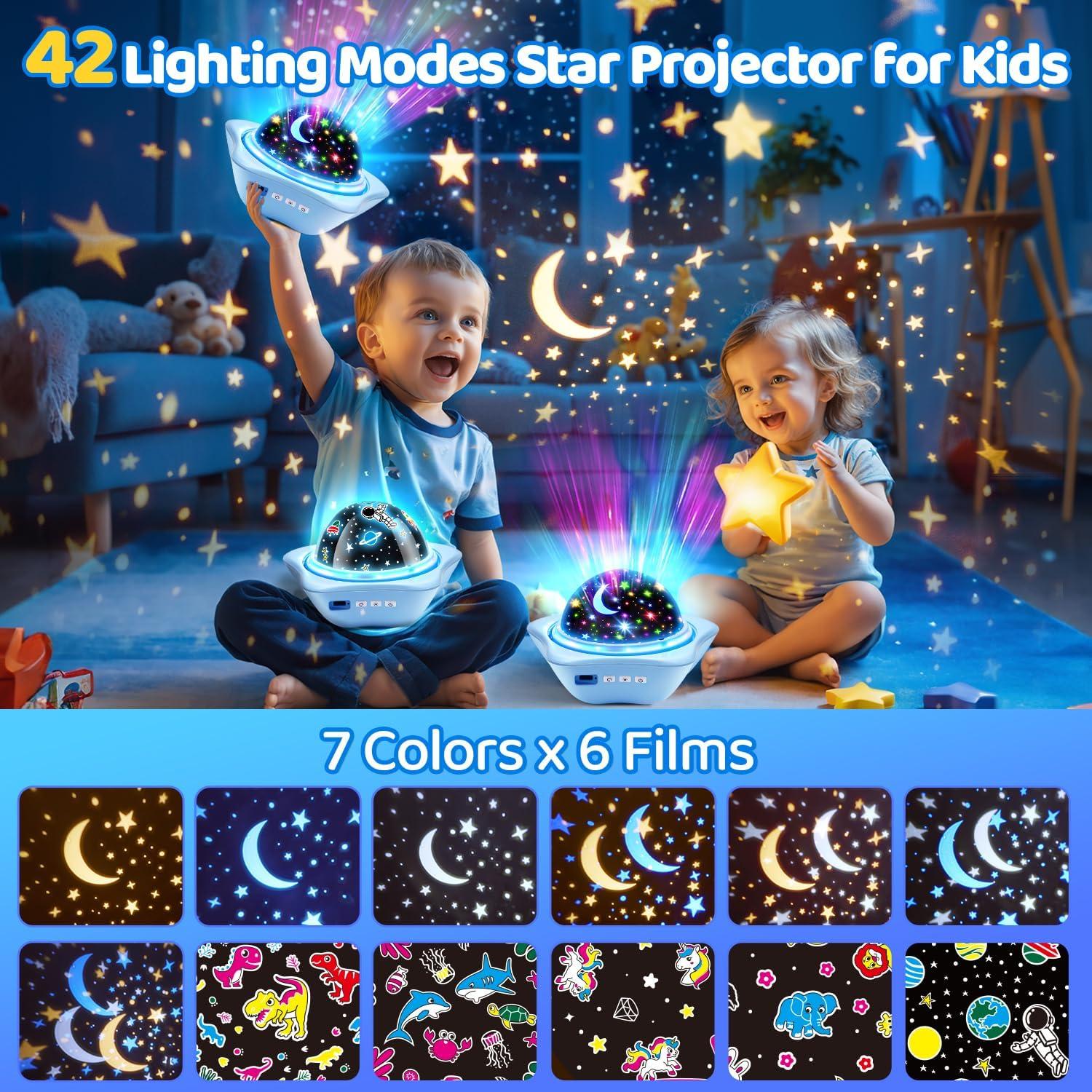 Star Lights for Ceiling, 42 Lighting Modes+6 Flims Star Projector for Kids, Rechargeable Ceiling Light with Remote, 360° Rotation Nursery Night Light, Timer+Dimmer Ceiling Stars Light Projector