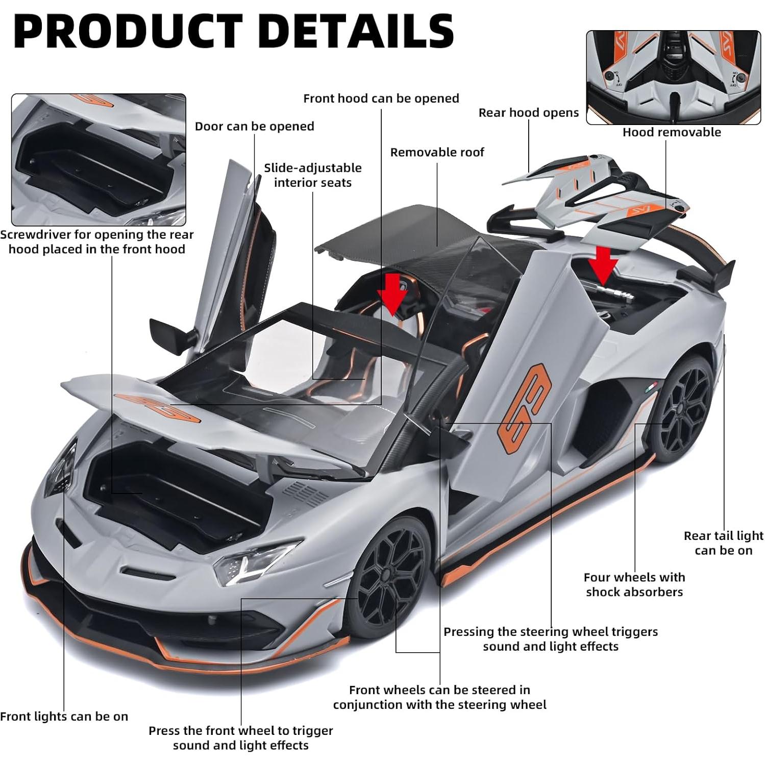 Coche de Juguete Lambo SVJ 63 OANMYJJO Metal 1:18 con Luz y Sonido