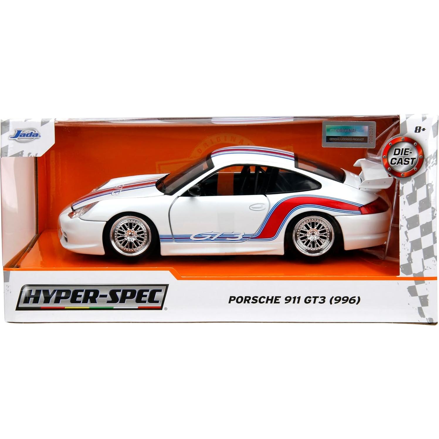 Coche Die-Cast 1:24 Porsche 911 GT3 Jada Toys Blanco/Rayas Rojas