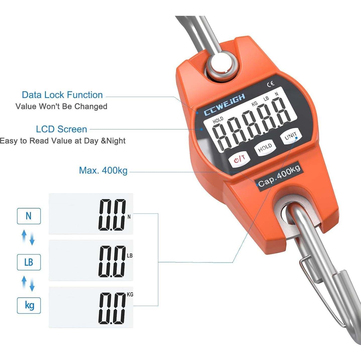 Báscula Colgante Digital CCWEIGH 400kg Naranja LCD Portátil