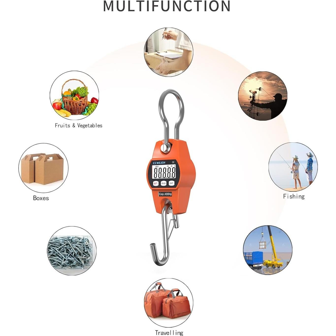 Báscula Colgante Digital CCWEIGH 400kg Naranja LCD Portátil