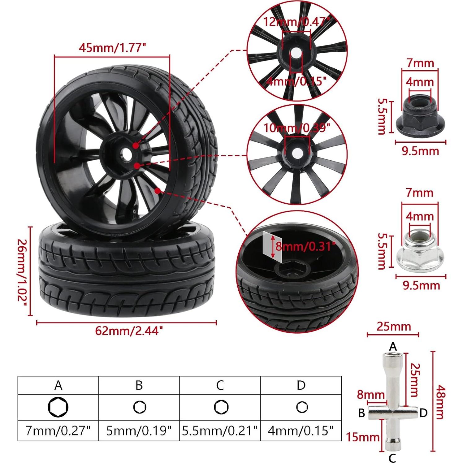4 Ruedas y Neumáticos Drift 1/10 Rchobbytop 62mm 12mm Hex