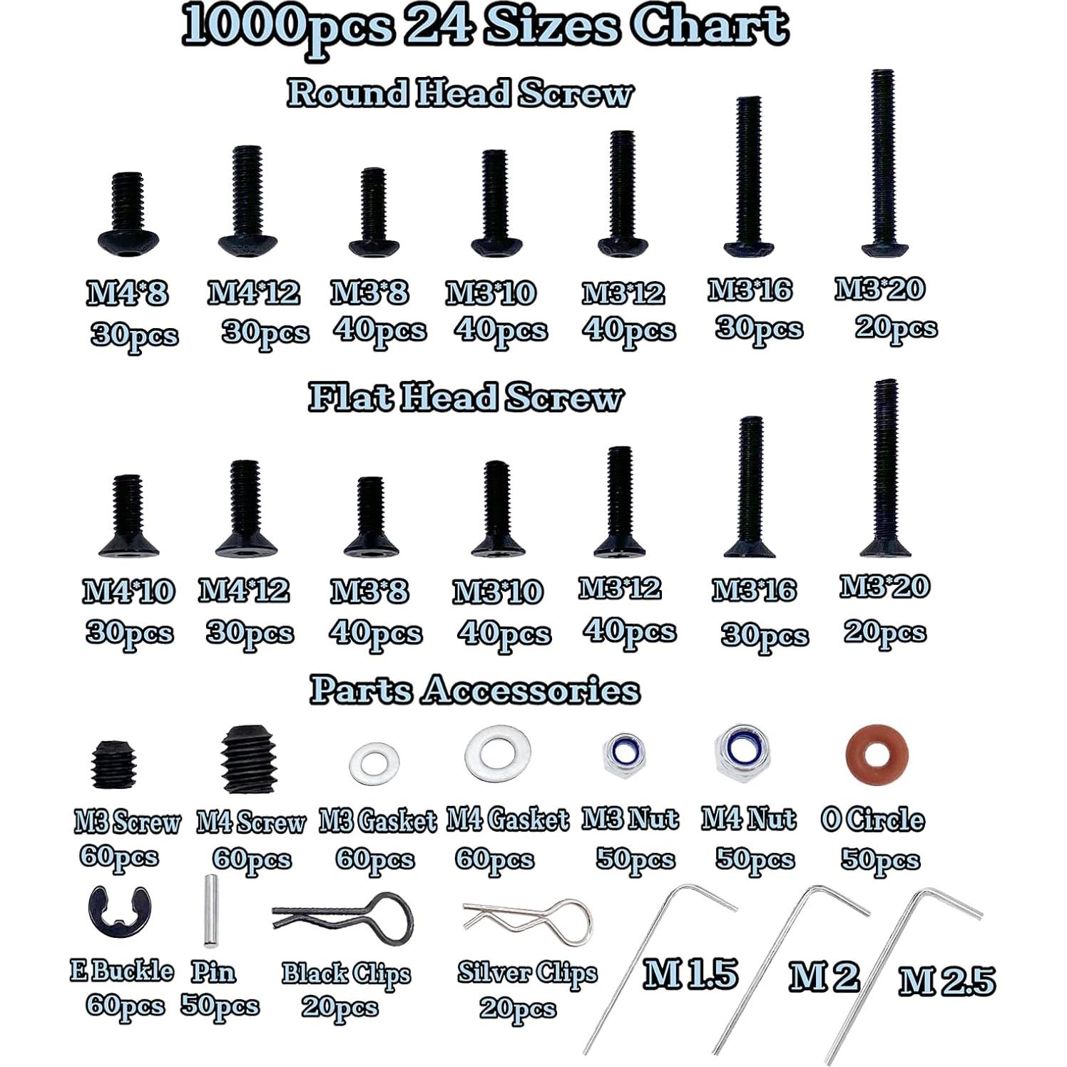 Kit de Tornillos RC 1000 Piezas HIQTRADEBYJJ M3 M4