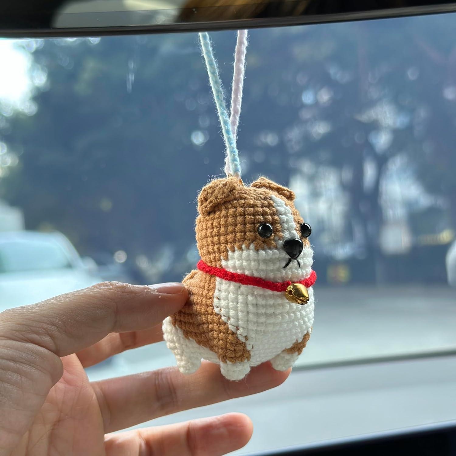 Colgante de Corgi de Crochet Hecho a Mano para Espejo Retrovisor