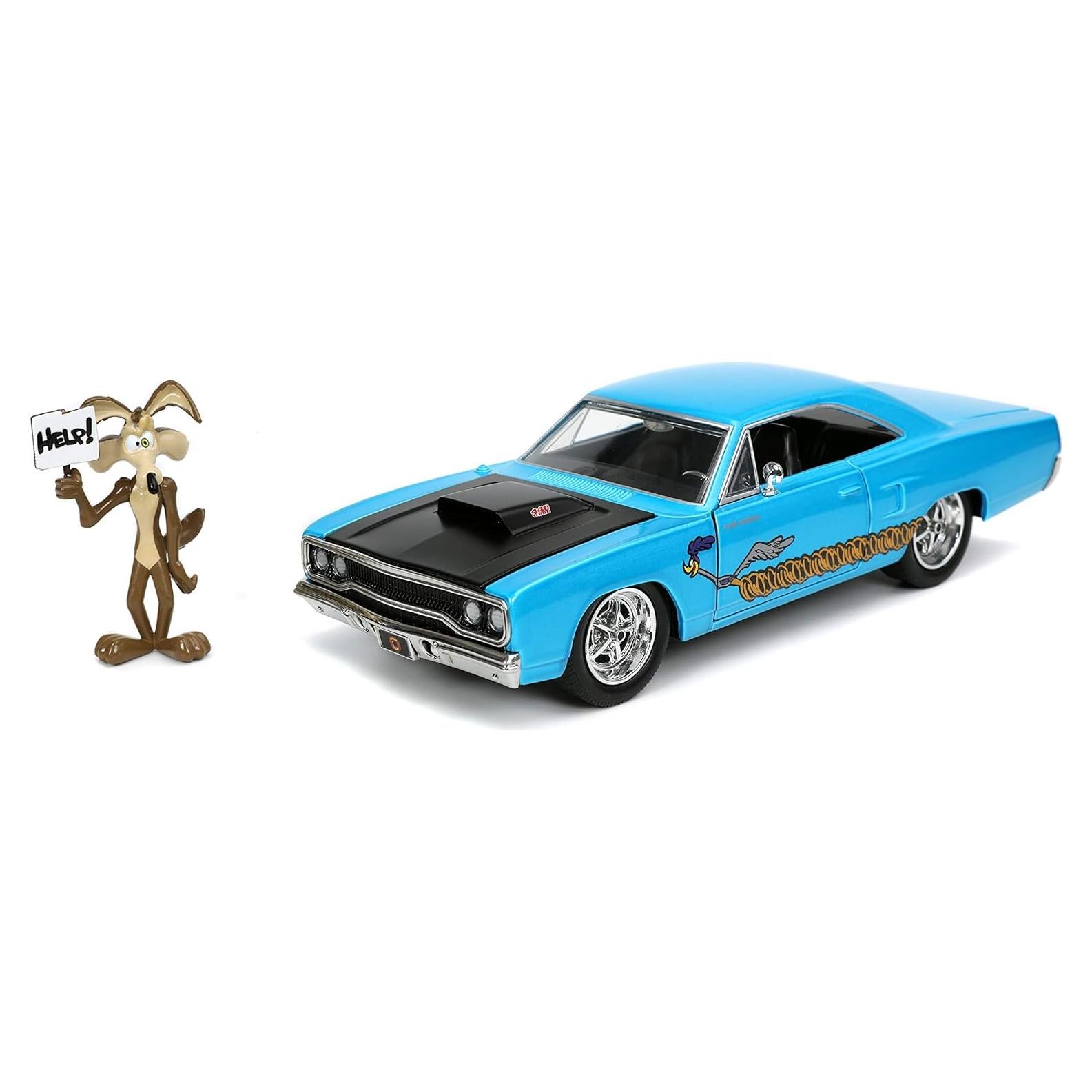 Coche de metal 1970 Plymouth Roadrunner Jada Toys + figura Wile E. Coyote