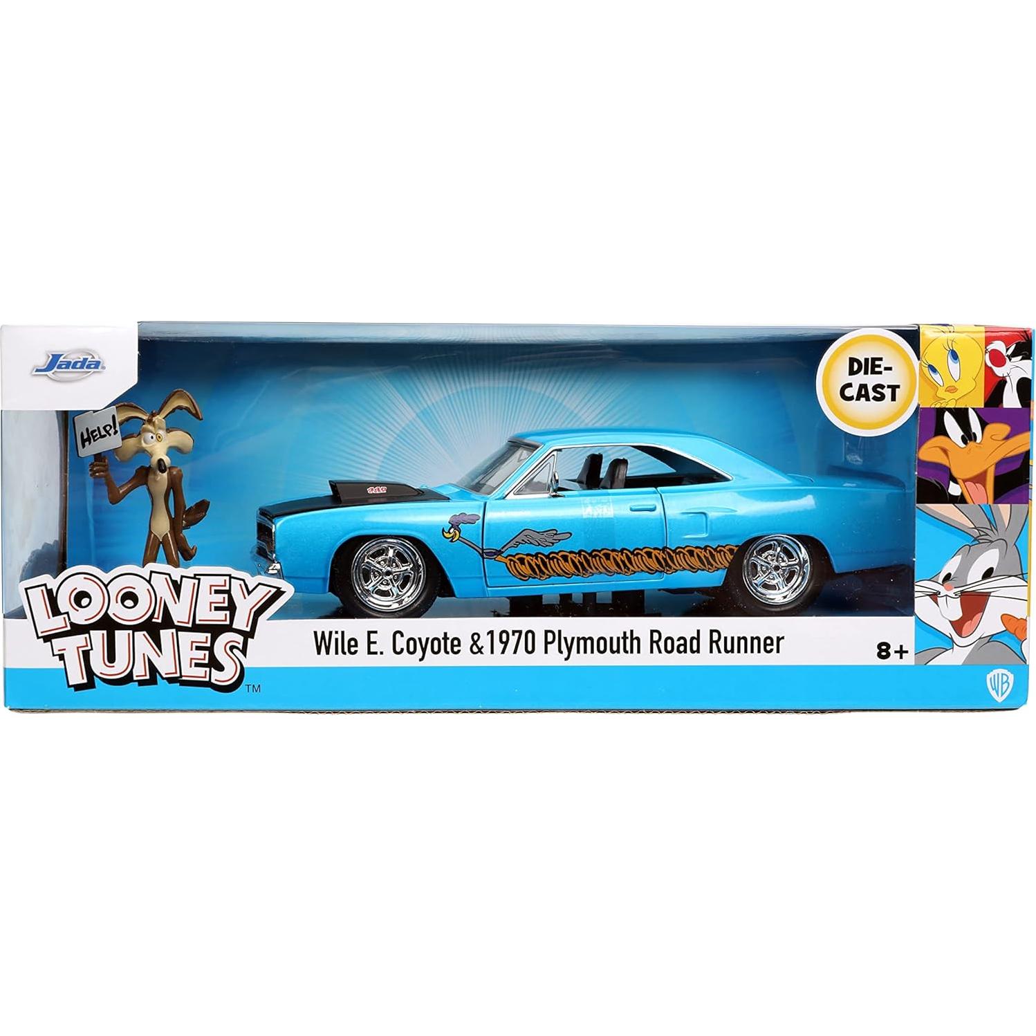 Coche de metal 1970 Plymouth Roadrunner Jada Toys + figura Wile E. Coyote