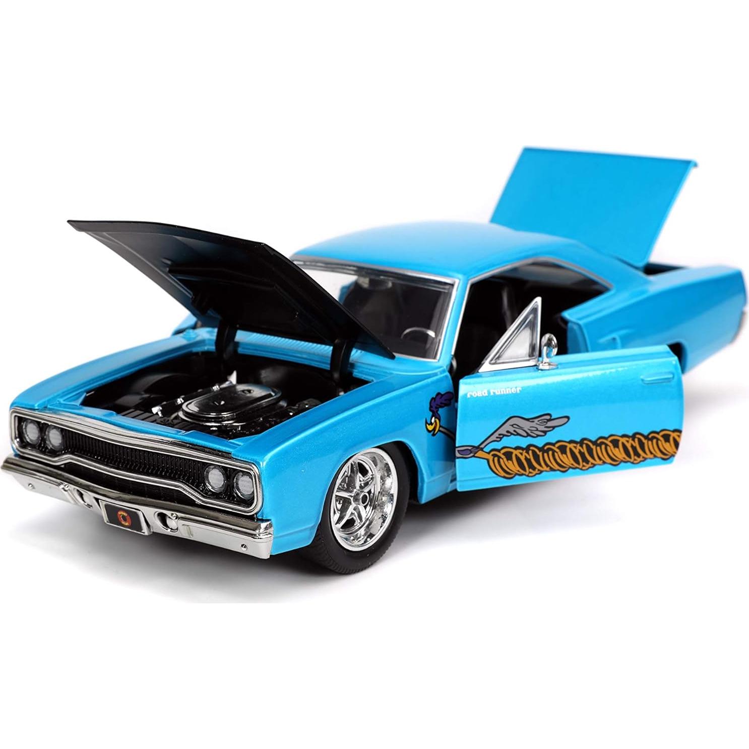 Coche de metal 1970 Plymouth Roadrunner Jada Toys + figura Wile E. Coyote