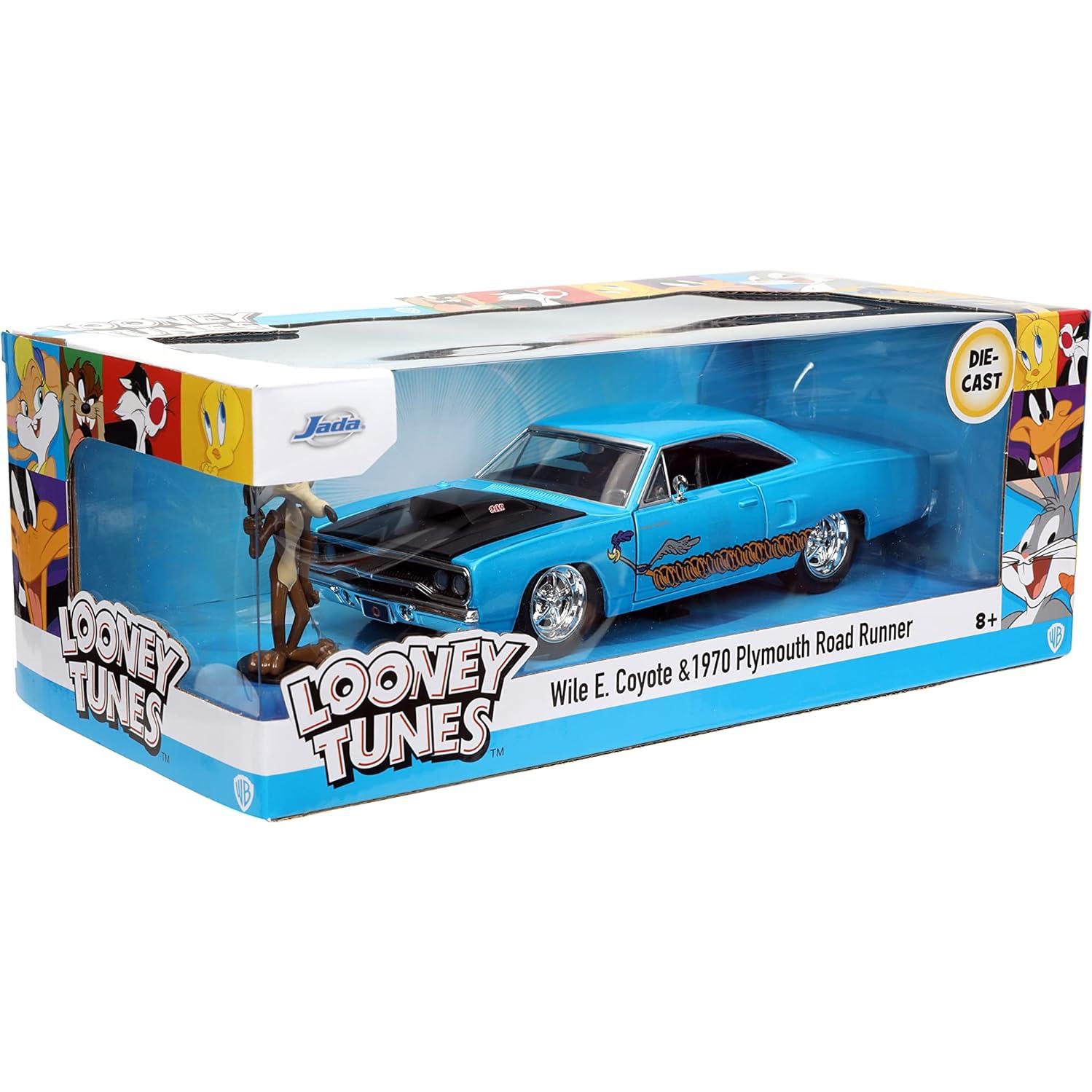 Coche de metal 1970 Plymouth Roadrunner Jada Toys + figura Wile E. Coyote