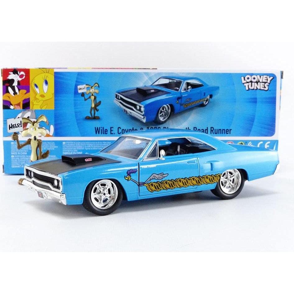 Coche de metal 1970 Plymouth Roadrunner Jada Toys + figura Wile E. Coyote