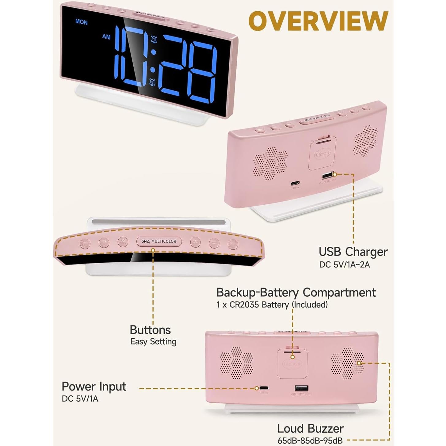 Reloj Despertador Digital Cadmos G10 Rosa LED Ajustable