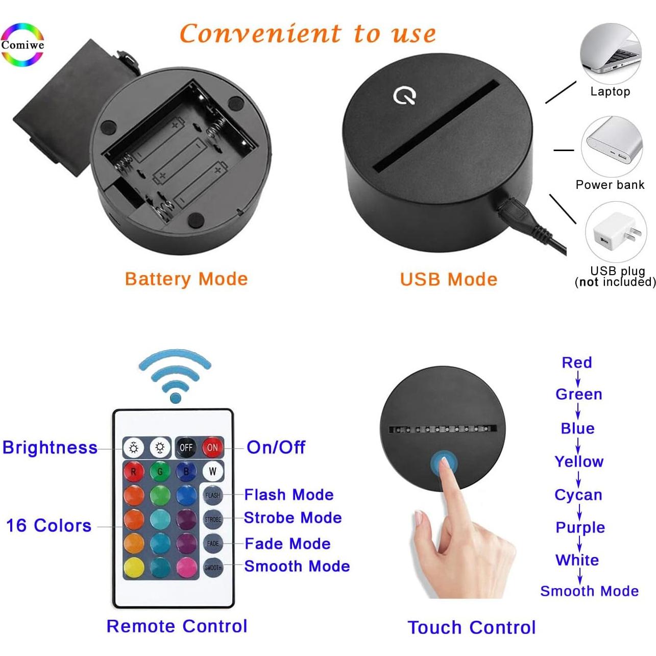 Lámpara de Noche 3D Tractor Comiwe, 16 Colores, Control Remoto