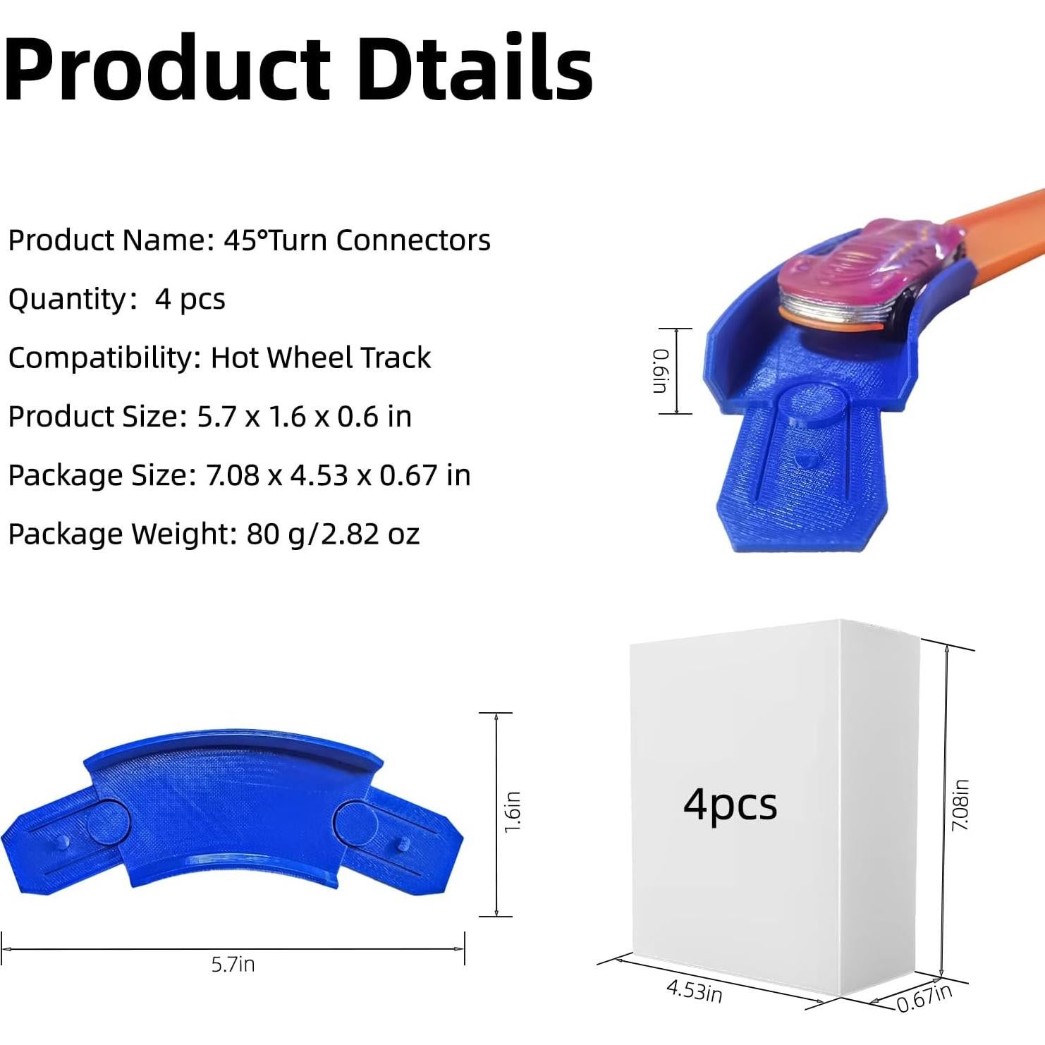 Conector Curva 45 Grados K TOMOTO para Pista Hot Wheels - Set de 4