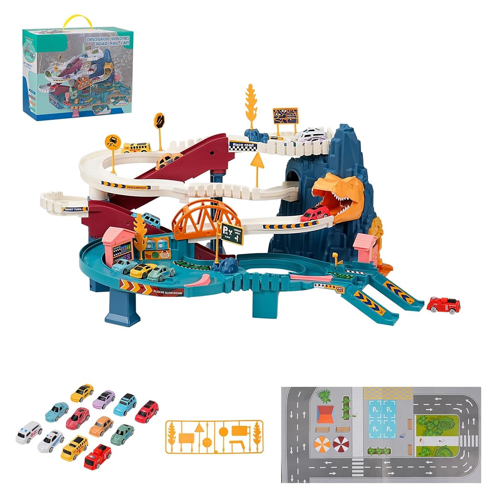 Pista de coches de juguete MAKUQI con 12 mini coches y dinosaurio
