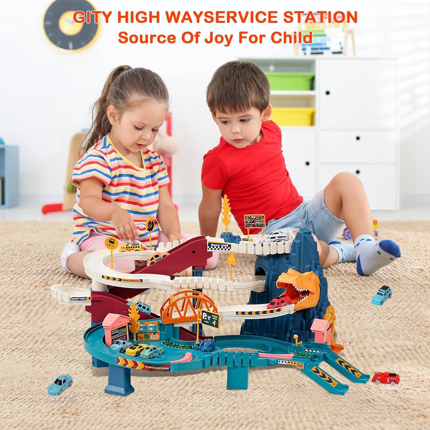 Pista de coches de juguete MAKUQI con 12 mini coches y dinosaurio